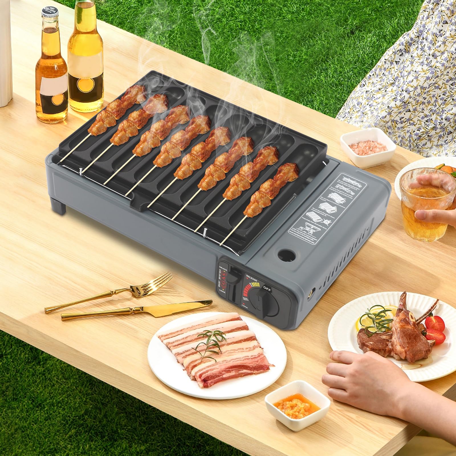 Hornillo de butano portátil para camping con encendido piezoeléctrico y bolsa de transporte, 2200 W, con seguridad contra sobrepresión, para exteriores, picnic, jardín y autocaravana