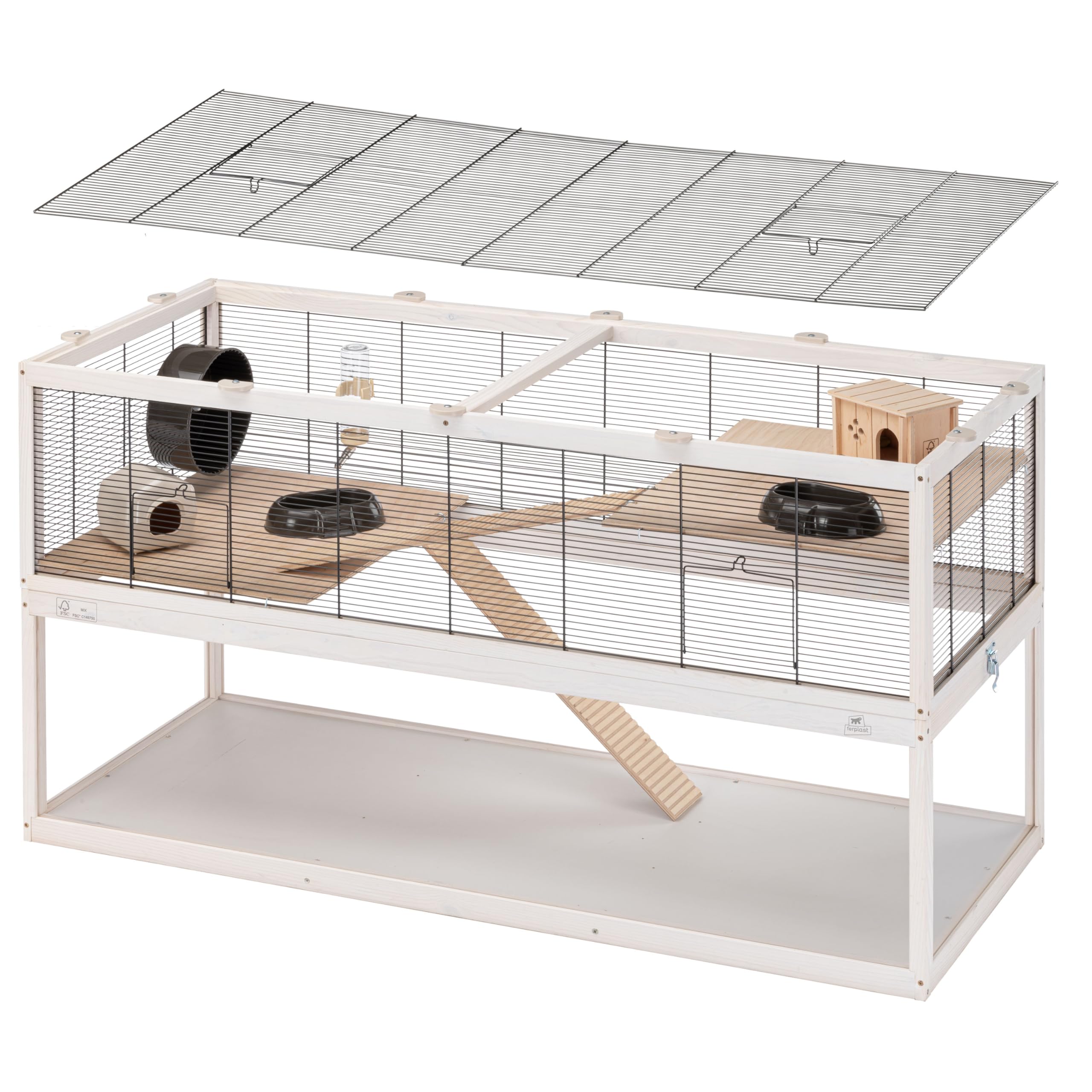 Ferplast Cage Hamster DOMSTER, Cage Souris, 3 Niveaux, avec Accessoires, Plateformes et Échelles, Grillage Métallique et Bois FSC, Base Transparente, Cage pour Hamster en Bois, 120 x 50 x h 66,5 cm