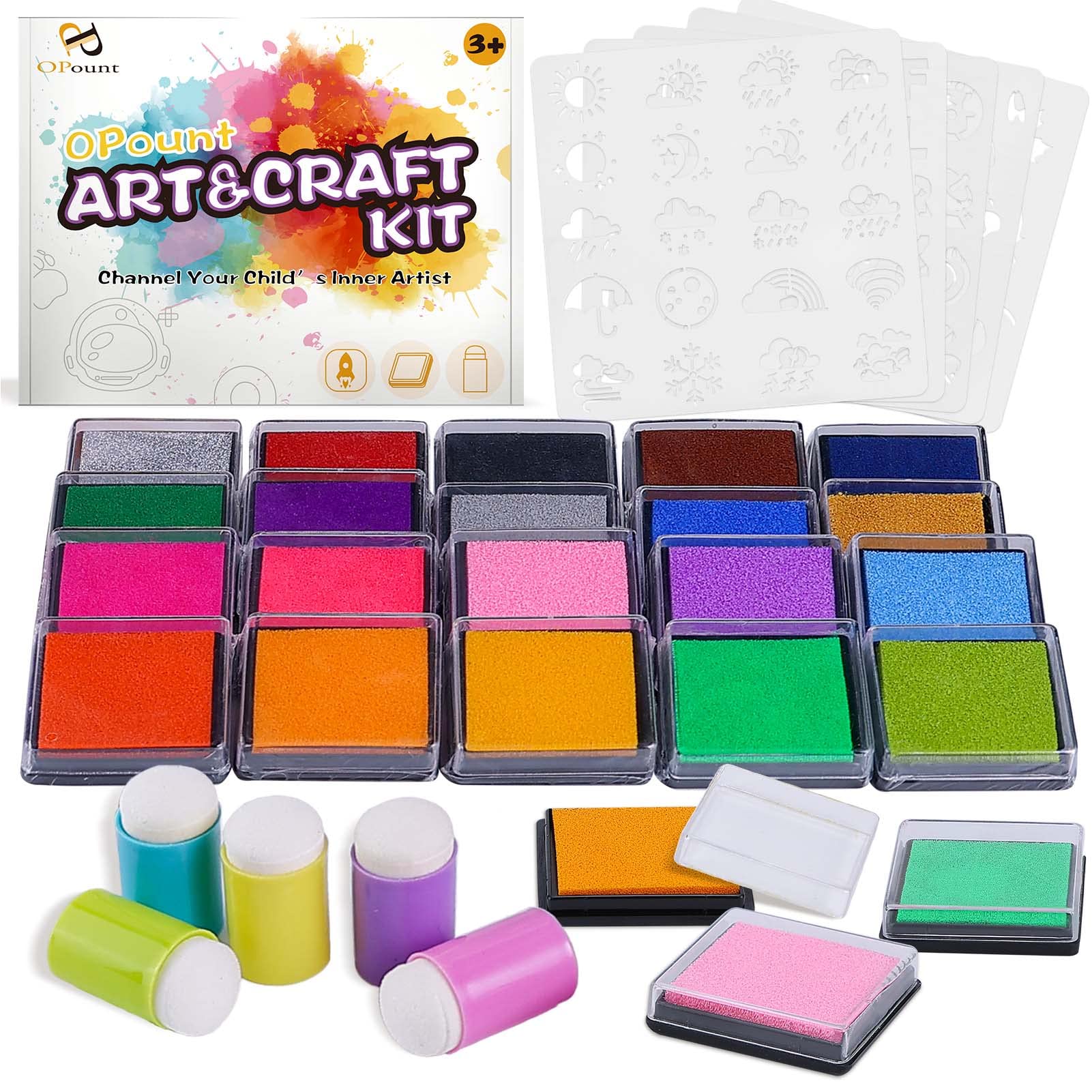 PP OPOUNT 30 PCS Craft Ink Pad Kit with 100 Pattern Stencil Drawing and 5 PCS Finger Sponge Dauber, Educational and Creative Art Kit, Great Gift for Boy Girl(Alphabet/Weather/Space/Leaves/Footprint)