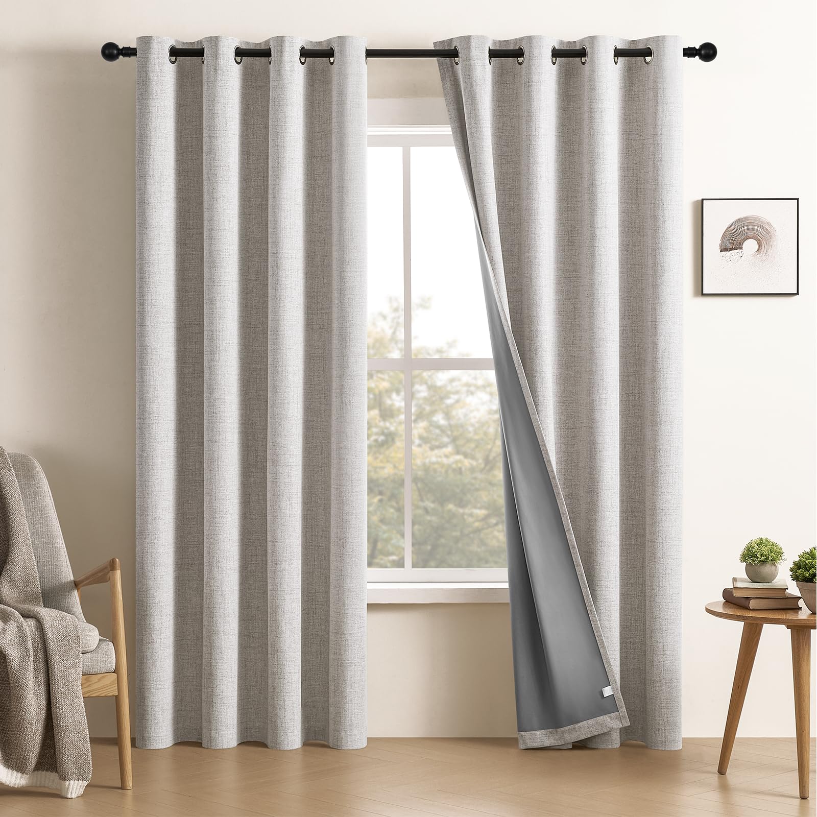 CUCRAF 100% Blackout Back Tab and Grommet Curtains 84 Inch Length 2 Panels Set, Off White Linen Curtain for Living Room Bedroom, Room Darkening Window Drapes Thermal Insulated, 52x84 inch