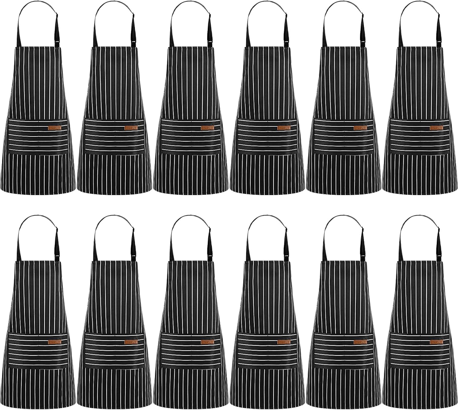 Handepo 12-Pack Cotton Blend Aprons for Men Women - Adjustable Striped Bib with Pockets, Waterproof for Cooking Kitchen Chef