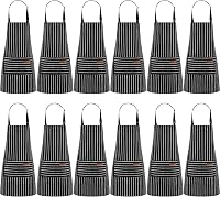 Handepo 12-Pack Cotton Blend Aprons for Men Women - Adjustable Striped Bib with Pockets, Waterproof for Cooking Kitchen Chef