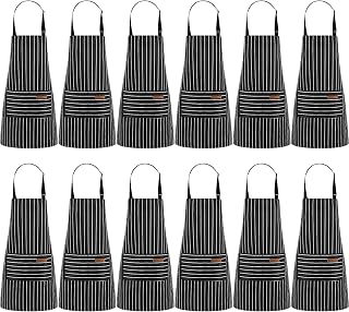 Handepo 12-Pack Cotton Blend Aprons for Men Women - Adjustable Striped Bib with Pockets, Waterproof for Cooking Kitchen Chef