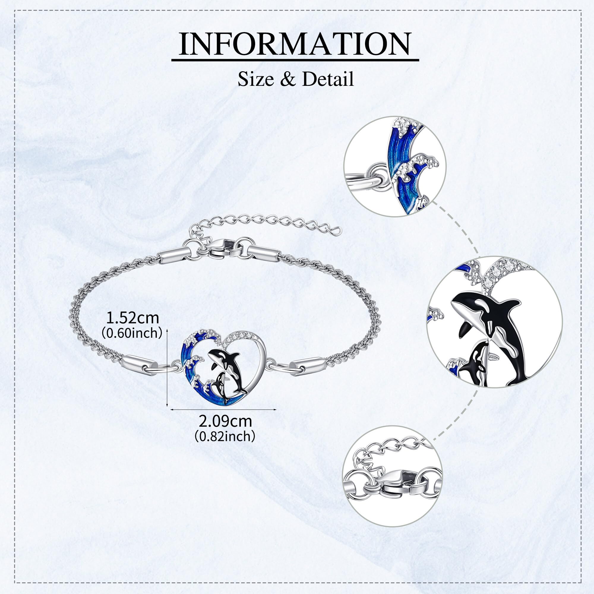 DAYLINLOVE Orca Tobillera de plata de ley 925, orca, orca, forma de corazón, tobillera, madre, hija, mar, océano, animal, regalo de joyería para mujer, mamá, abuela, Plata de ley, Sin gemas