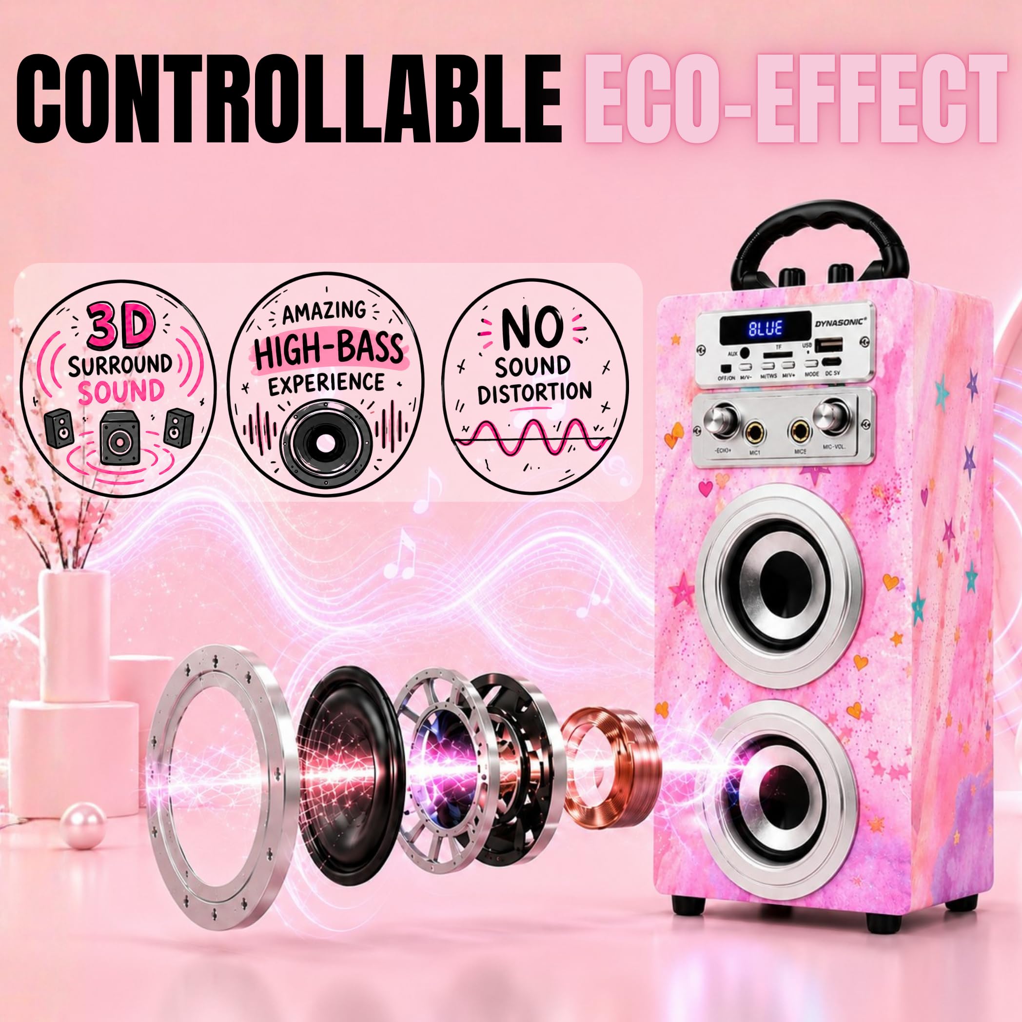 Dynasonic Machine Karaoké Portable Bluetooth avec 2 Microphones, USB/SD/AUX, Lumières LED, Batterie Rechargeable – Cadeau Enfants Anniversaire et Fête