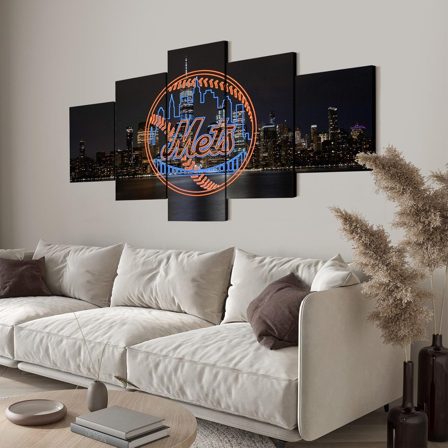 New York Photography Poster With Neon effect Mets Sign (5-Panel Framed Canvas Printing Full Size: 60x100cm) Home Decor Man Cave Wall Art - Image 4