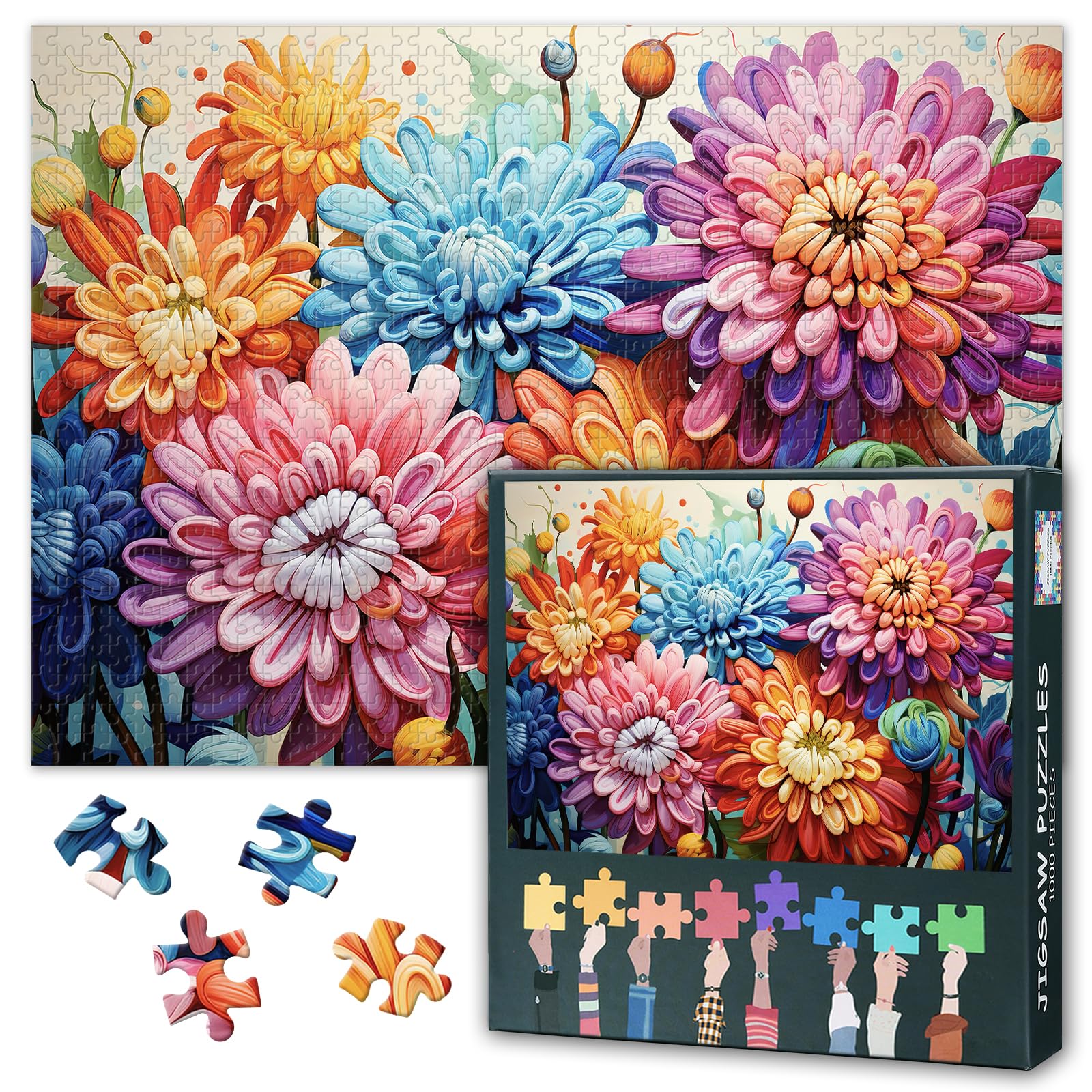 Colorful Flowers 1000 Pieces Jigsaw Puzzles Floral Difficult Challenge Puzzle for Adults Gifts Family Party Chrysanthemum Jigsaw Puzzle Artwork Decor 27.5"x19.7"
