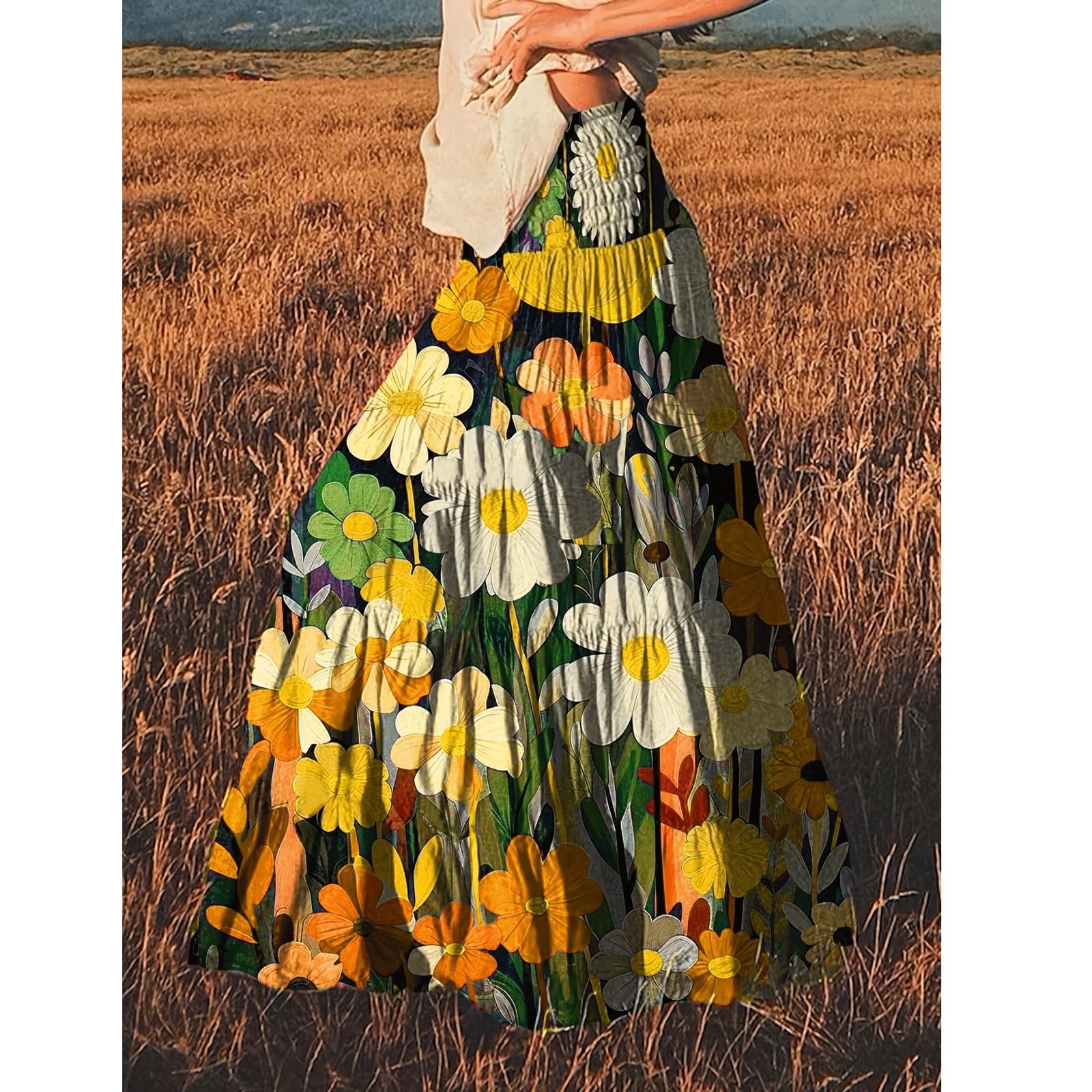 DUddTTW Women's Midi Skirt Print Elastic Waisted Swing Skirt Oil Painting Maxi Skirts Ankle Length Skirts Midi Length Large Hem Skirt(Gelb,Lagre)