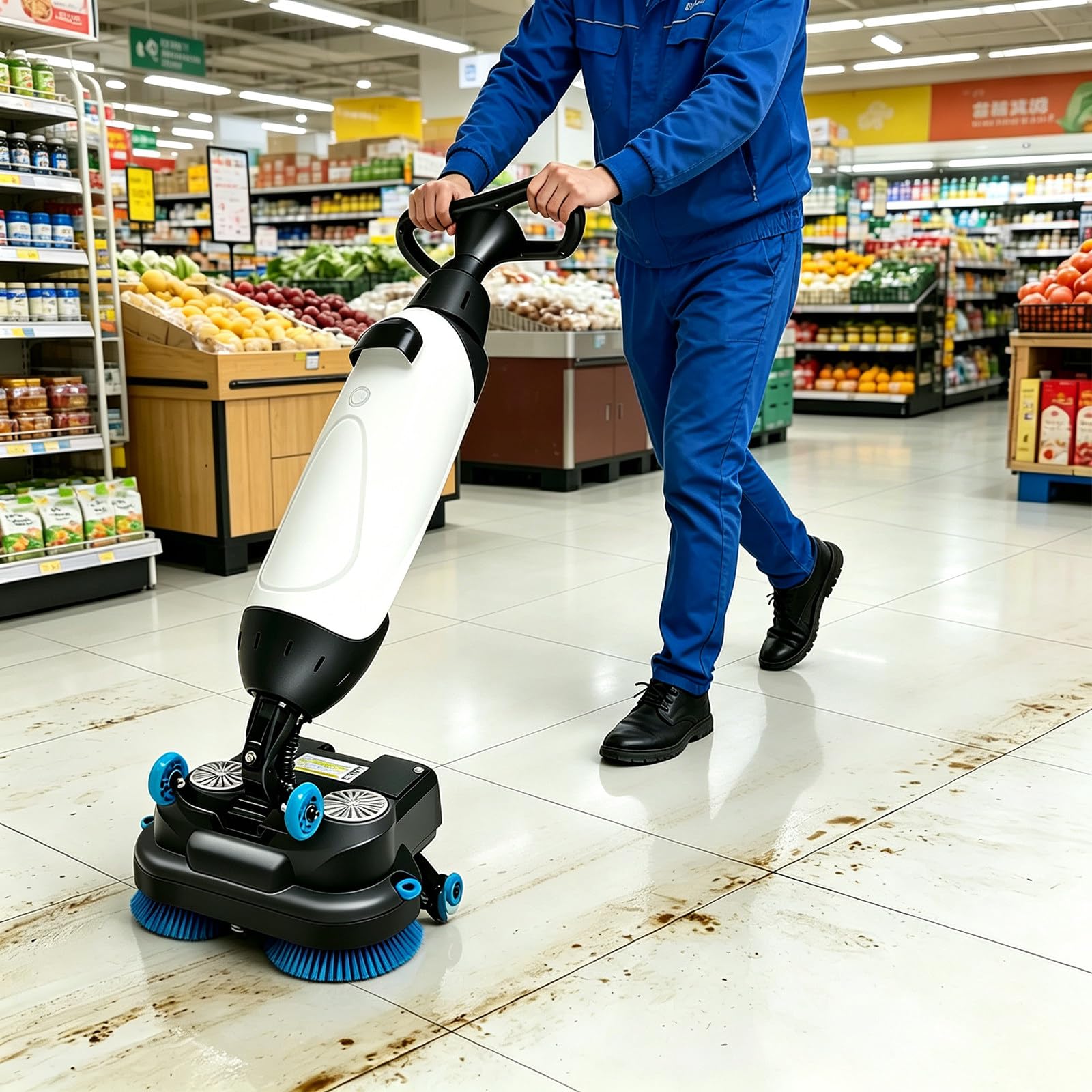 LURECAQING Battery Powered Floor Scrubber with 360° Rotating Head, 36V/10A Rechargeable Battery, 90~120min Runtime, Low-Noise, Ideal for Offices, Retail Stores and Commercial Buildings white
