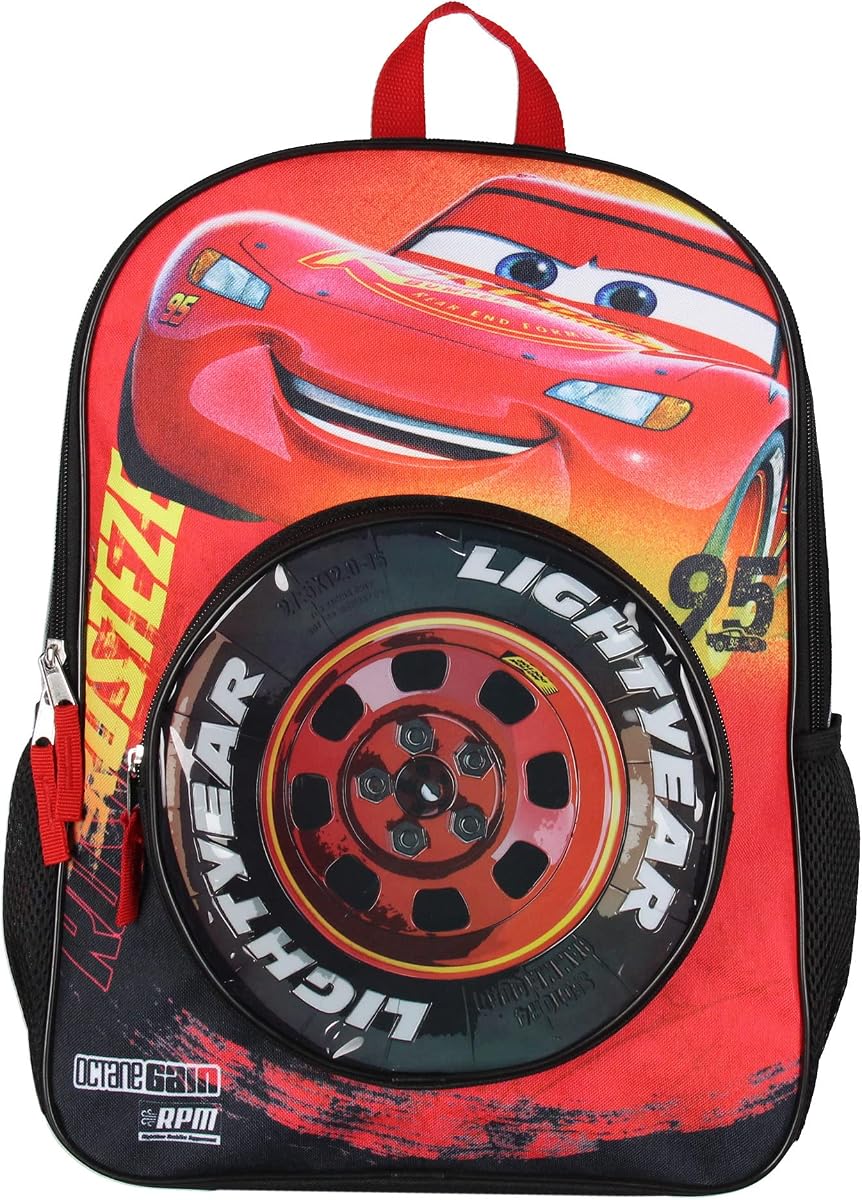 Mochila Disney Cars Rayo McQueen Mochila escolar de viaje con bolsillo para neumáticos 3D