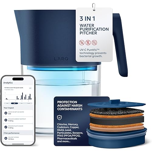 LARQ PureVis 3-in-1 Water Pitcher – Purifier, Filter & Tracking, 8-Cup Water Purifier Pitcher with Advanced Filter for Clean & Crisp Water – Removes Chlorine, PFAS, Lead & More – Monaco Blue