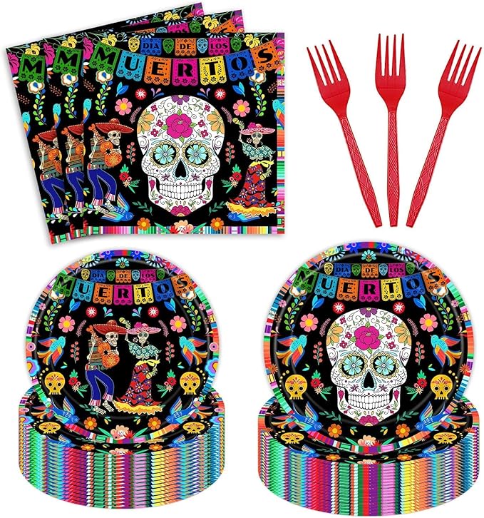 96Pcs Day of The Dead Plates Napkins Mexican Dia DE Los Muertos Party Supplies Tableware Fiesta Sugar Skull Dinnerware for Halloween Party Serve 24 Guests