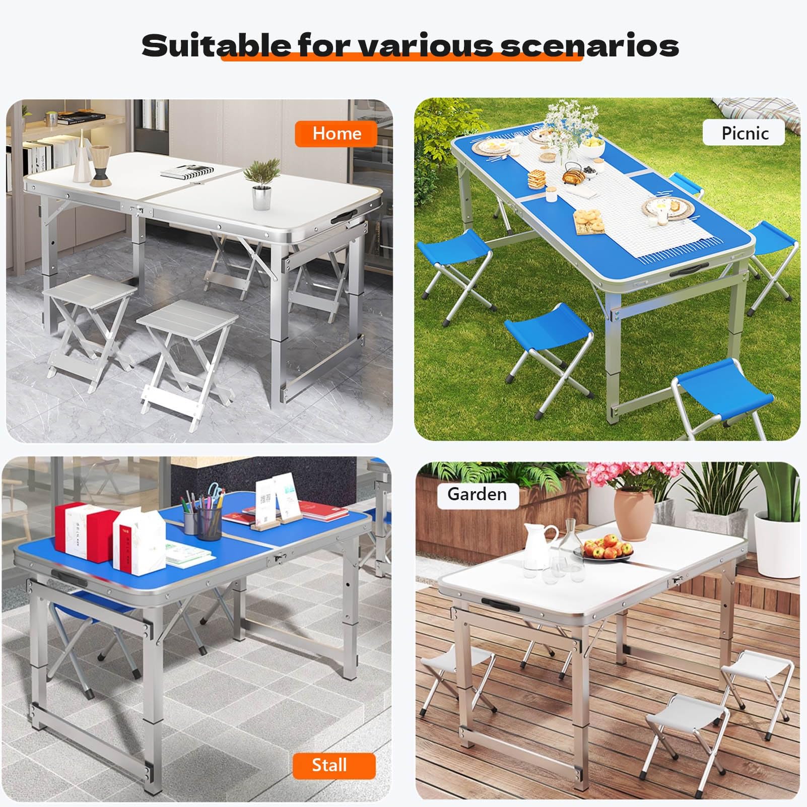 Tavolo da campeggio pieghevole portatile con 4 sgabelli regolabile in altezza tavolo da pranzo 150 kg capacità per viaggi, barbecue all'aperto, picnic, nero 120 cm