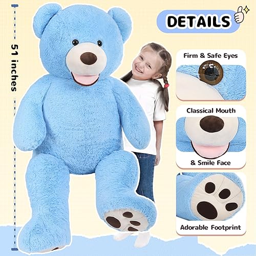 Miniatura 2 de DOLDOA 52in Giant Teddy Bear Stuffed Animal, Big Blue Teddy Bear Plush with Footprint, Large Teddy Bear for Baby Shower, Christmas, Valentines,