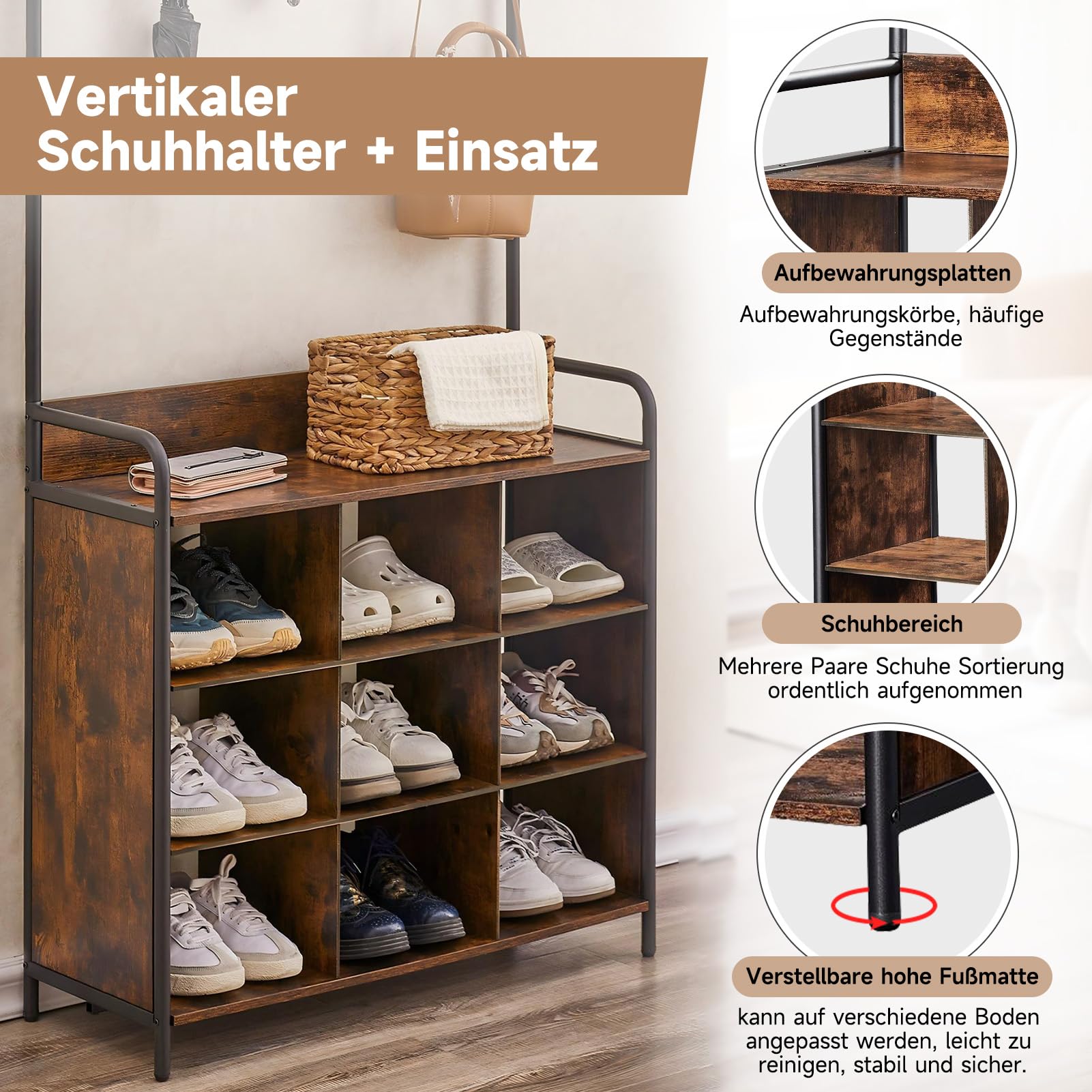HAUSPROFI Garderobe mit Schuhablage, Kleiderstange, 7 Haken, 9 offenen Ablagen, Industriedesign, für Eingangsbereiche und Flure, Retrobraun, 78,7 x 29,2 x 180,3 cm (L x B x H)