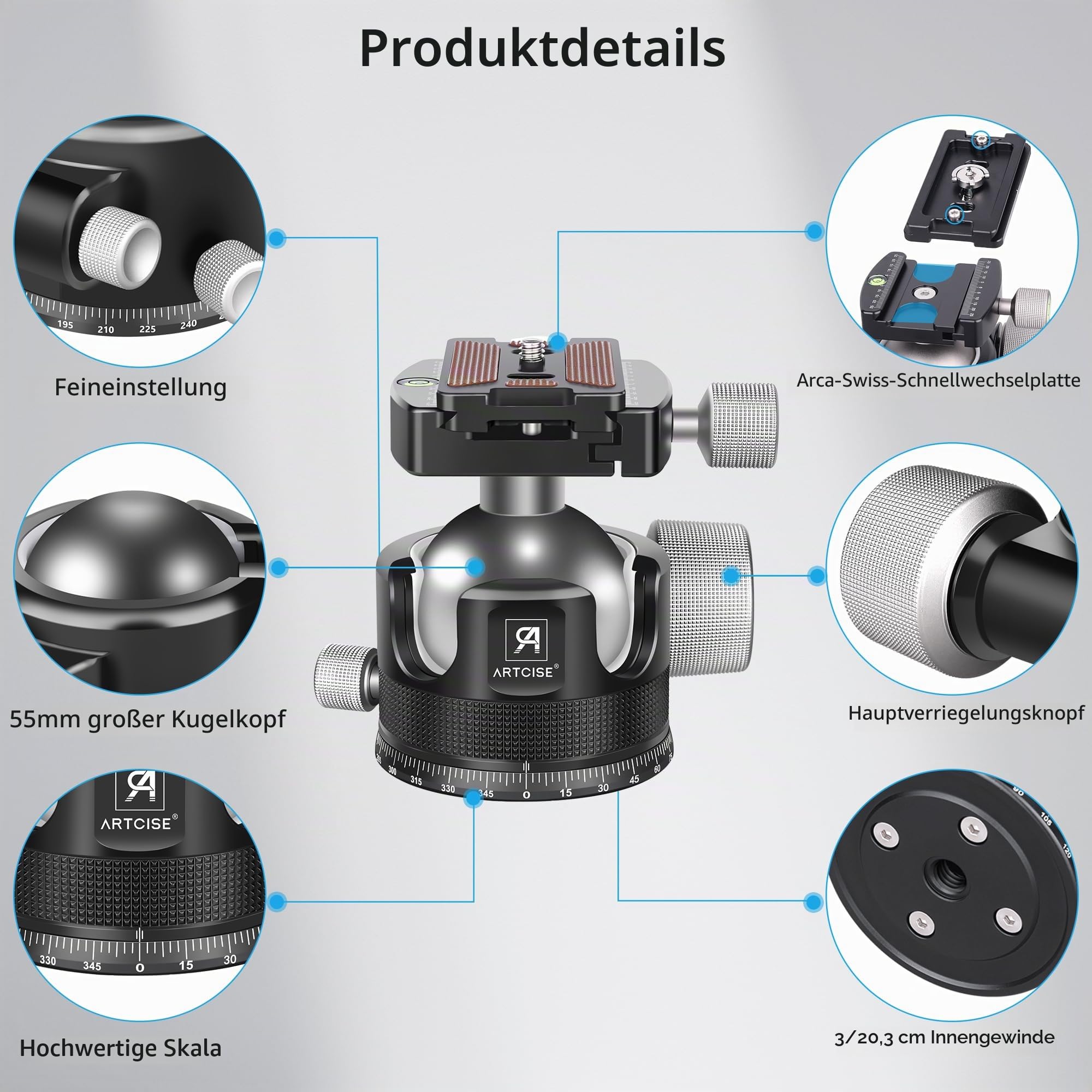 55mm Low Profile Kugelkopf, ARTCISE KB55 Heavy Duty Stativkopf aus Vollmetall mit DREI 1/4" Schnellwechselplatten für Stativ, Einbeinstativ, DSLR, Camcorder, maximale Belastung 40kg.