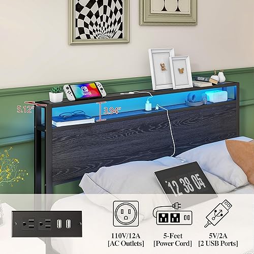 Miniatura 6 de BOFENG Base de cama Queen con cabecera de almacenamiento/luces LED, marco de cama de plataforma de metal con estación de carga, marco de cama tamaño