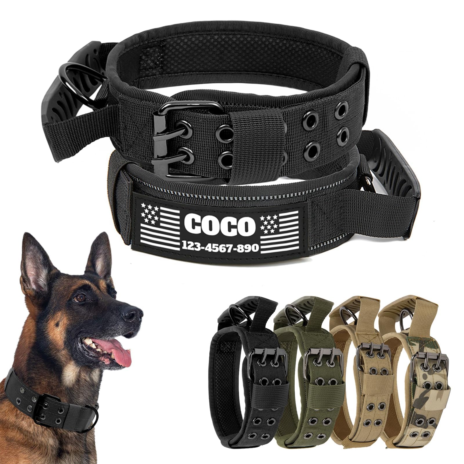 Personalisiertes, taktisches Hundehalsband mit Namens- und Nummeraufnähern, strapazierfähiges, individuelles Halsband mit 2-poliger Metall-Gürtelschnalle und Griff für mittelgroße und große Hunde