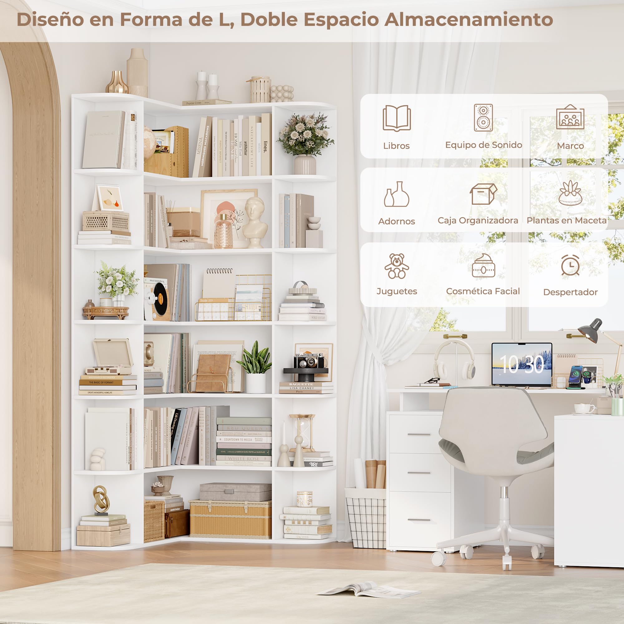 FirFurd 185cm Estantería Esquina 6 Niveles Estantería Libros Librería Salón | Estante en Forma de L Mueble Almacenaje, Libreria Estanteria para Salón Oficina Estudio, Grande y Alta, Blanco, 80x84x185cm