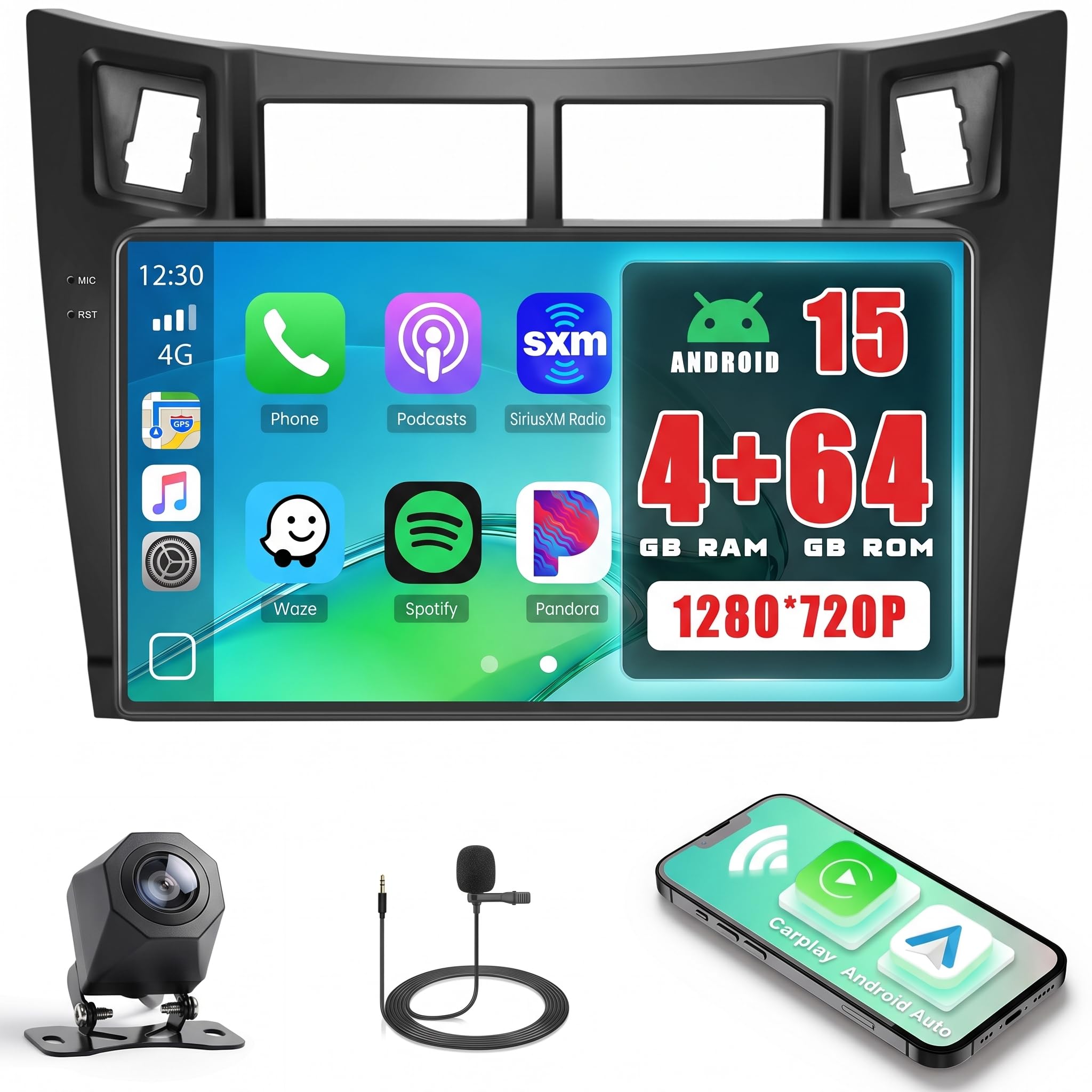 Roinvou 4+64G Android 15 Autoradio für Toyota Yaris 2008-2011 mit Carplay Android Auto, 9 Zoll Auto Radio Incell Touchscreen mit GPS Bluetooth EQ WiFi RDS FM SWC MIC Rückfahrkamera