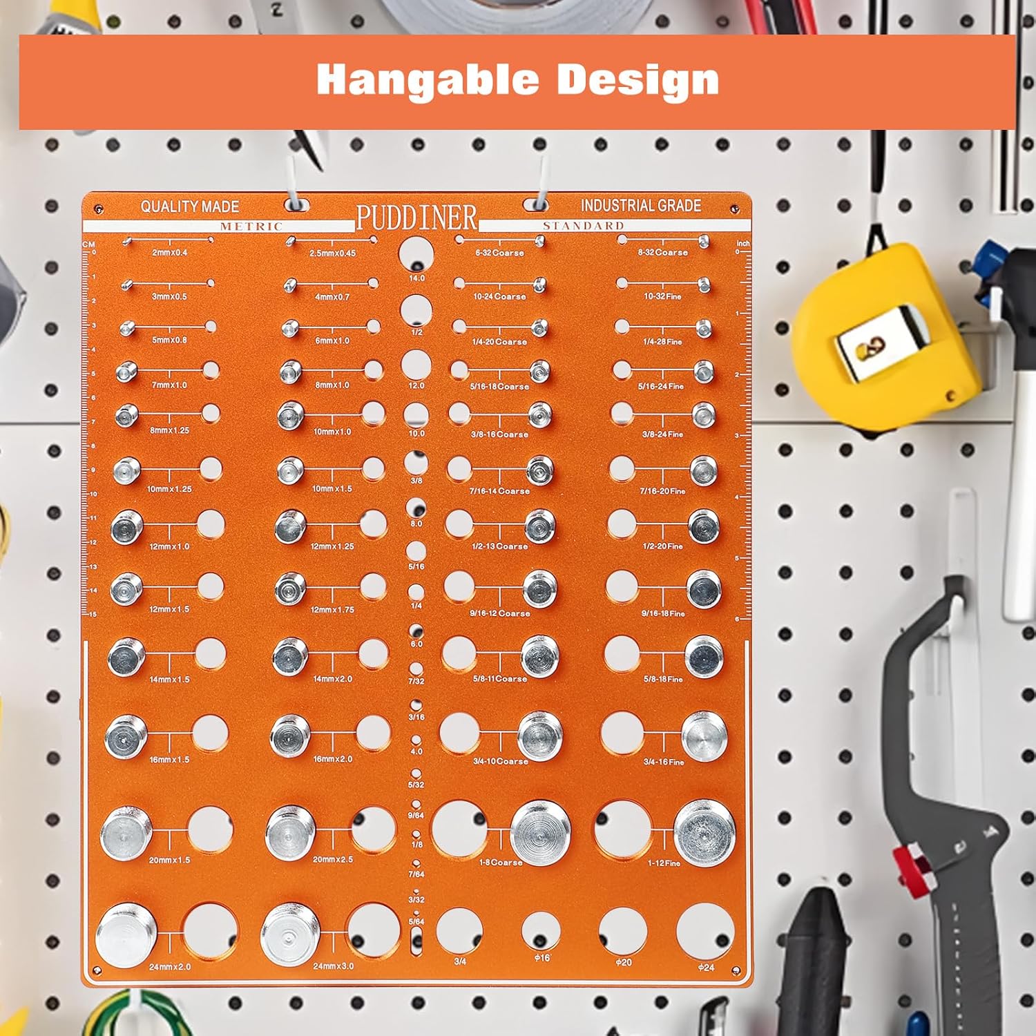 68 Nut and Bolt Thread Checker, 22 Standard, 24 Metric Bolt, 22 Drill Bit Gauges Identifier Gauge, Wall-Mountable Bolt Size and Thread Gauge