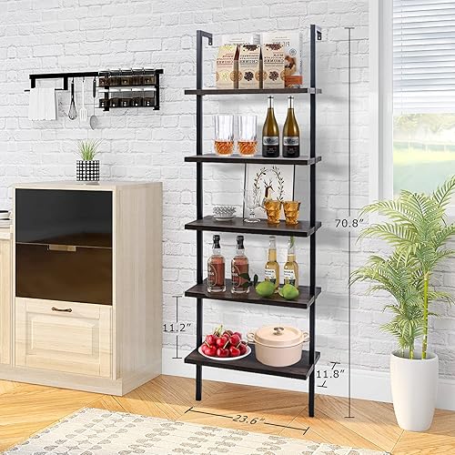 Miniatura 2 de Estantería de escalera de 5 niveles para montar en la pared, estantería de escalera con marco de metal y estante de madera, estantería de