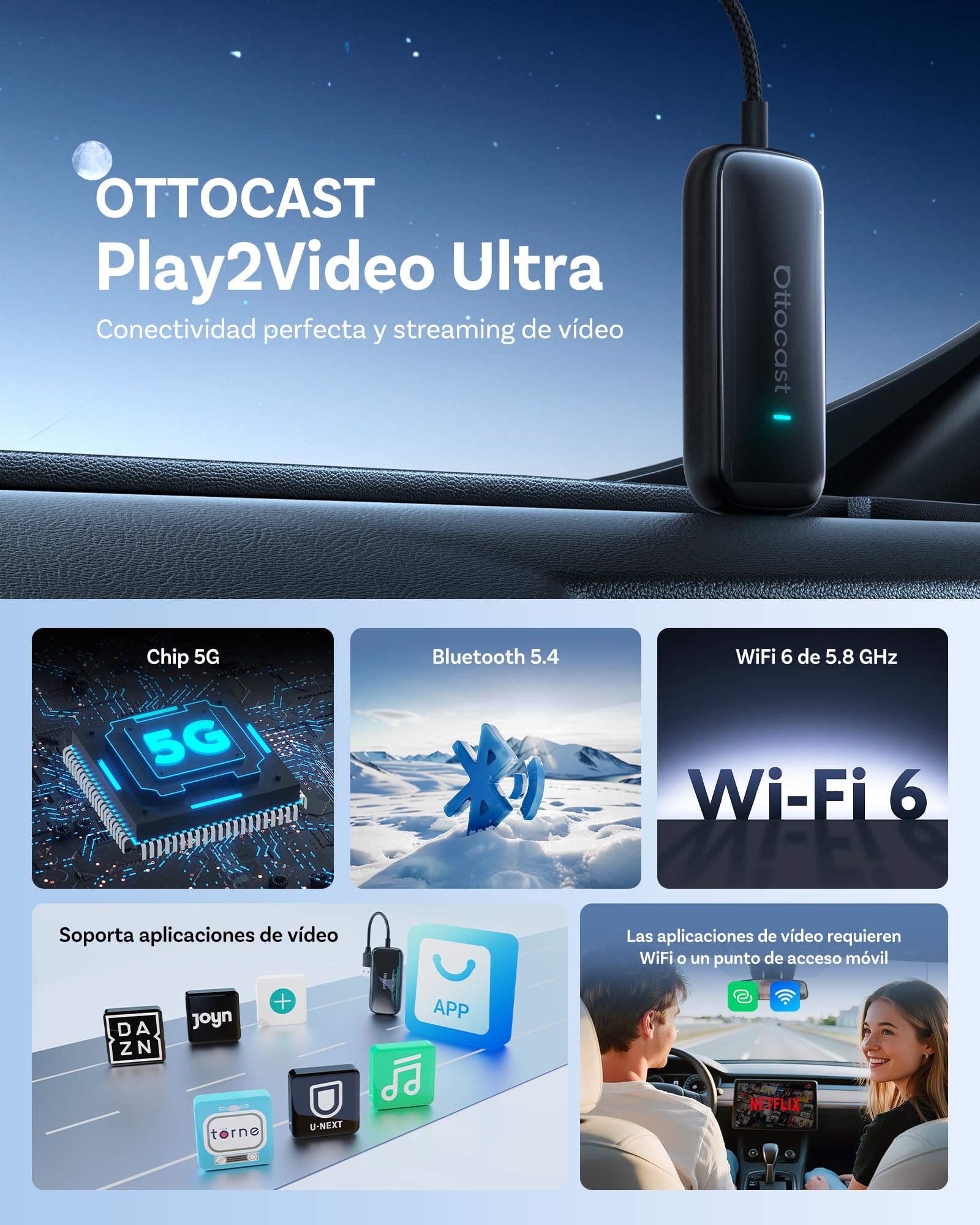 2026 Nuevo OTTOCAST Play2video Ultra, Adaptador CarPlay & Android Auto Inalámbrico con Youtube Netflix, Plug & Play Chip 5G, 4GB+32GB Carplay AI Box para Coches con CarPlay por Cable después de 2016
