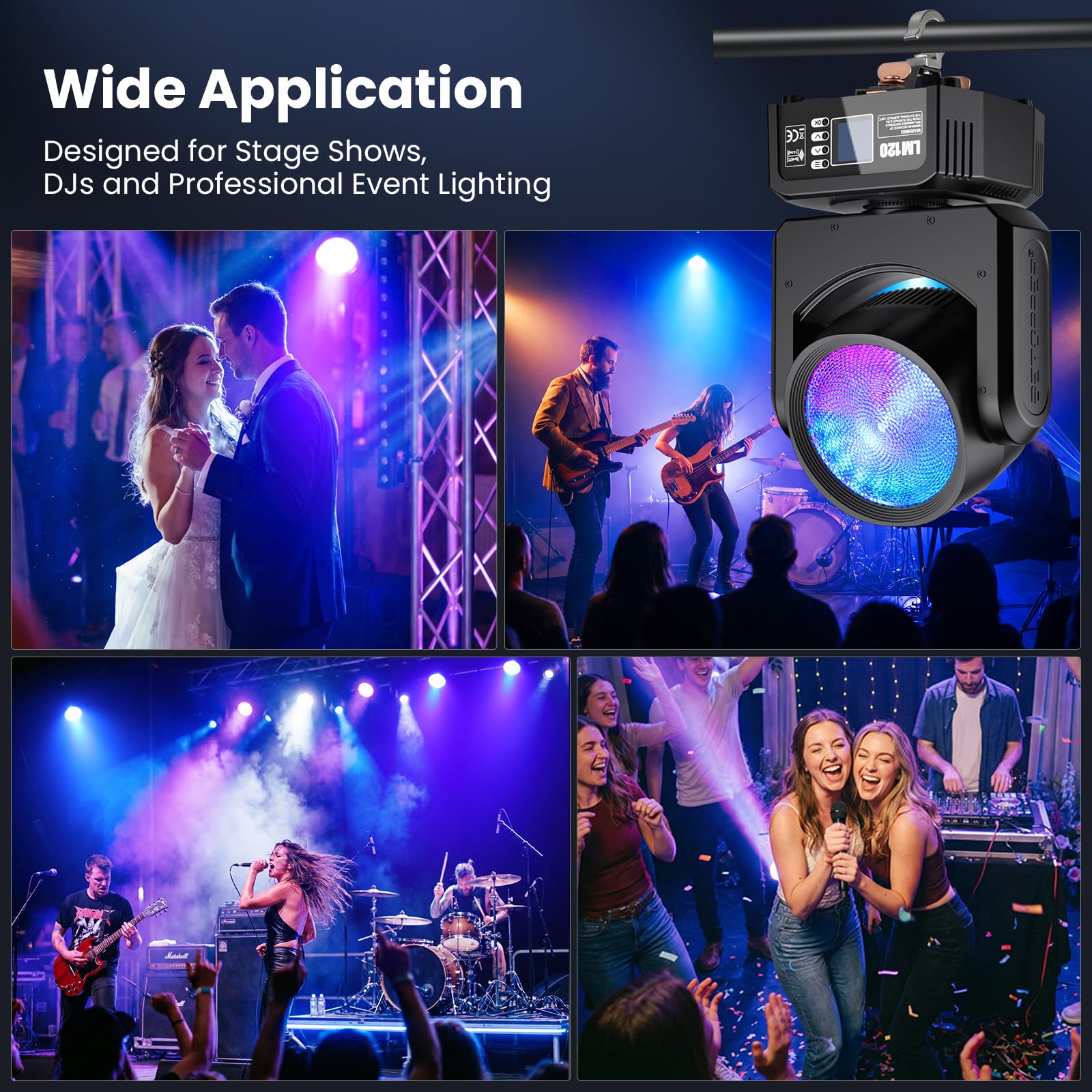 BETOPPER 120W Moving Head Lampe RGBW, Lyre LED DMX512, Éclairage de Scène Tête Mobile avec Lentille Unique, Activé Par le Son Lumière Disco pour Les Fêtes, DJ, Spectacles (LM120)