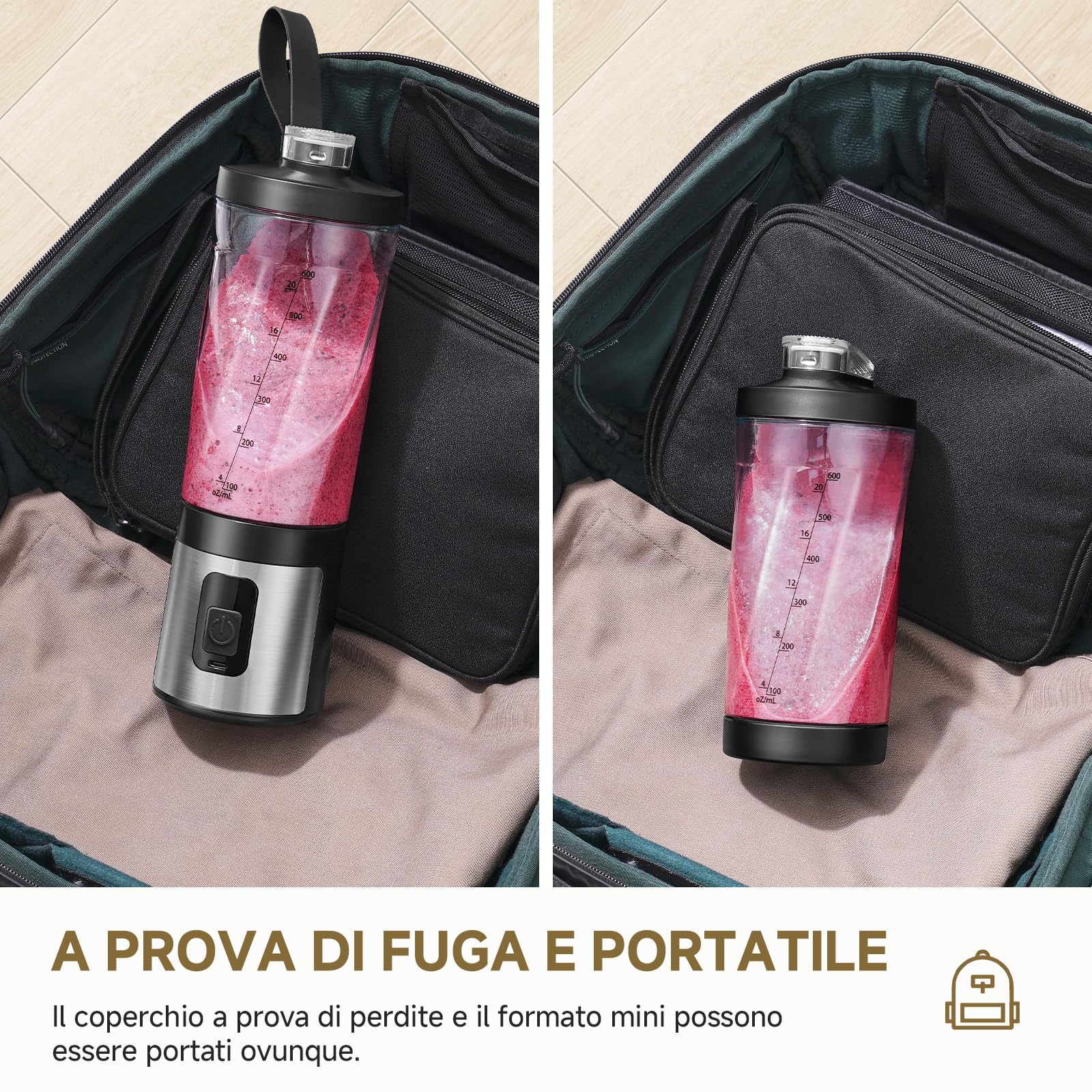 AMZCHEF Frullatore portatile da 600 ml, con 6 lame, 120 W, ricarica rapida tramite USB-C, IPX6, impermeabile, senza BPA, mini mixer per frullati in polvere proteica
