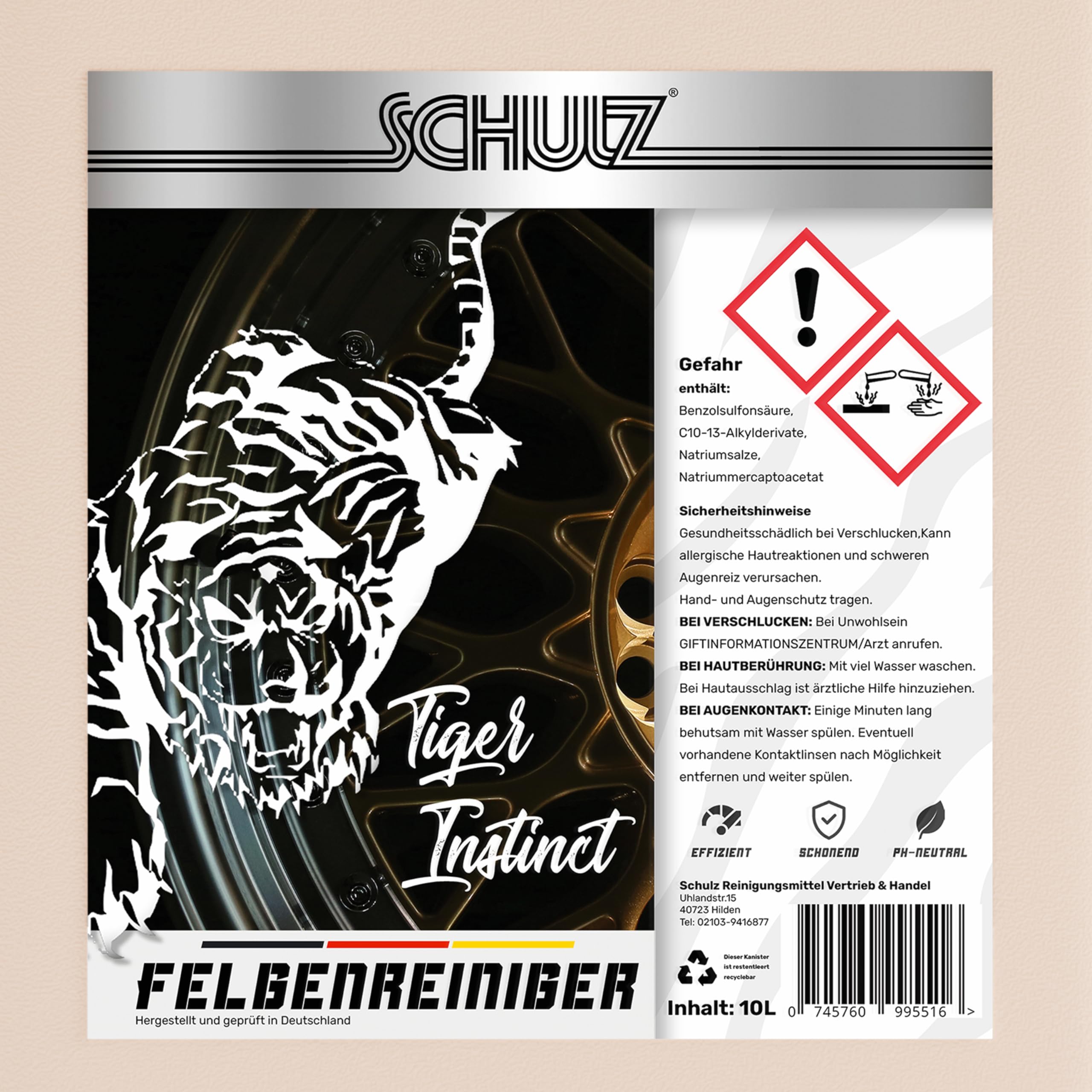 Schulz Tiger Instinct: wysoce skuteczny środek do czyszczenia felg, kanistry o pojemności 10 l, do błyszczących felg aluminiowych – delikatne czyszczenie i jakość Made in Germany