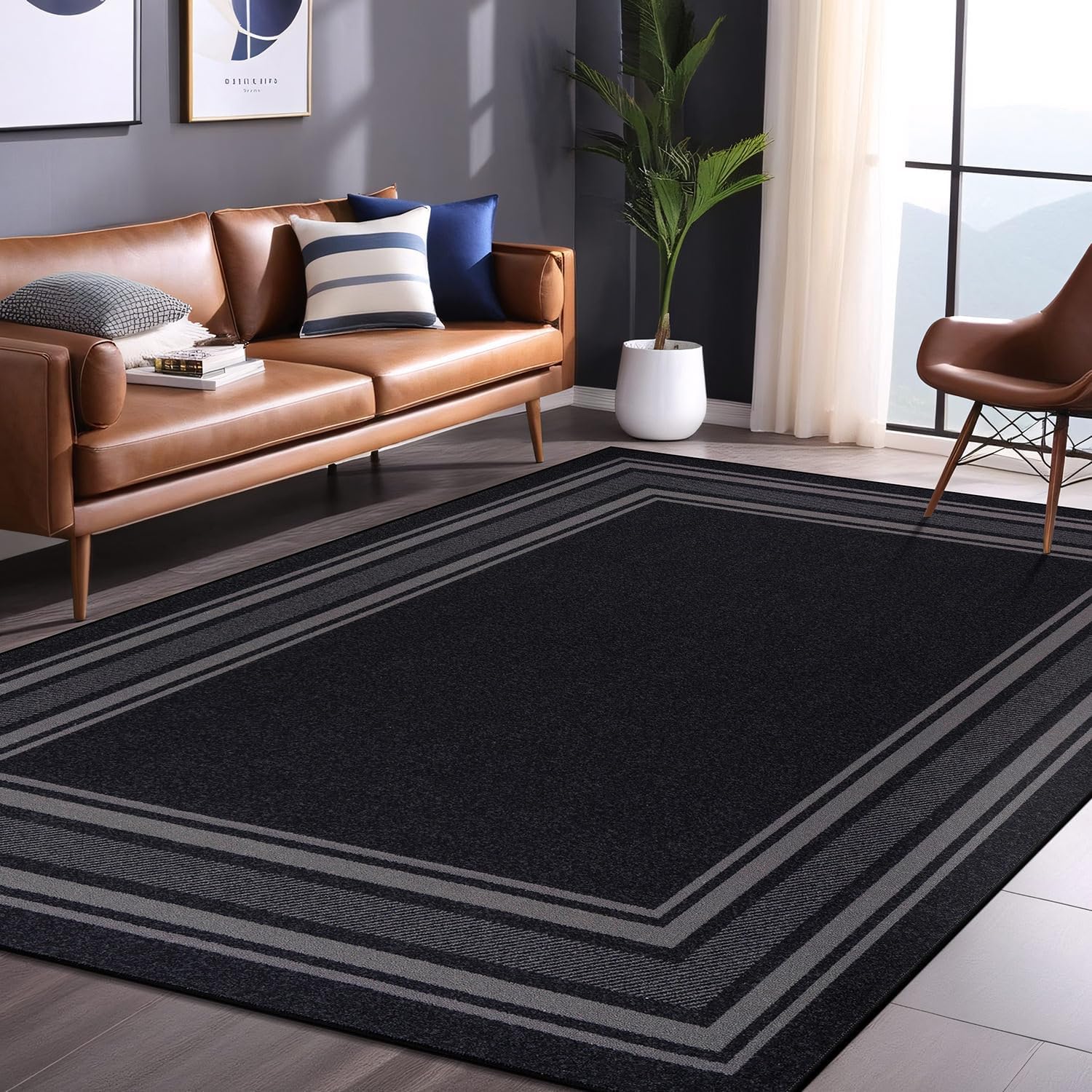 Luul Home Modern Bordered Non Slip Indoor Rugs for Living Room 3x5 Area Rugs for Kitchen, Rug for Bedroom, and Hallway, Stain Resistant Easy Cleaning Non Shedding Black 3 x 5