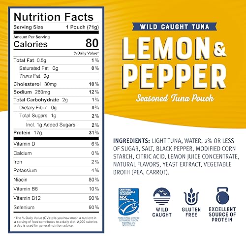 Miniatura 2 de Bumble Bee - Atún sazonado con limón y pimienta, bolsas de 2.5 onzas, 0.6 oz de proteína por porción