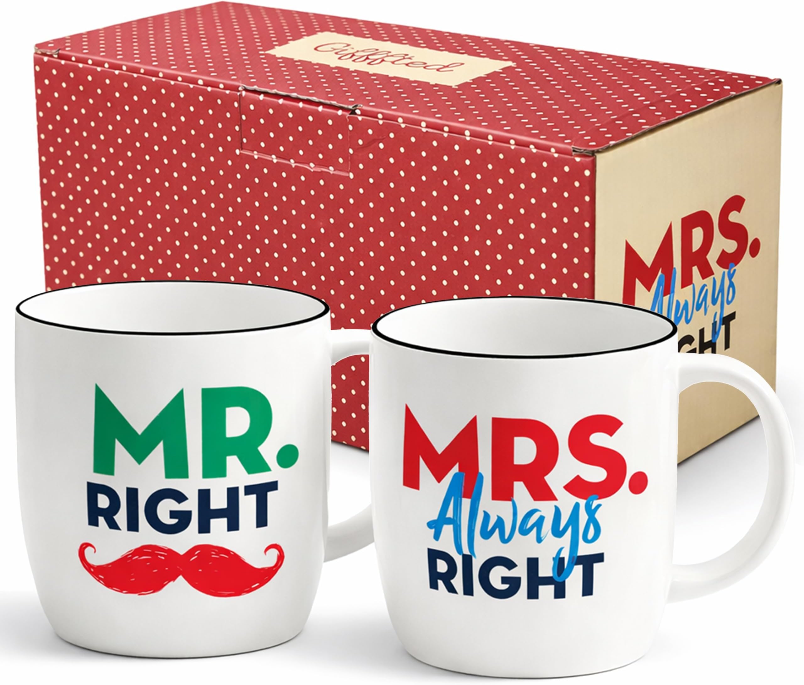 Triple Gifffted Mr Right Mrs Always Right Coffee Mugs Gifts Ideas for Couples, Wedding Anniversary, Engagement, Christmas, His & Hers, Bride and Groom, Parents, Newlyweds Bridal Shower, Ceramic 380ml