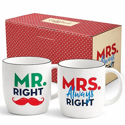 Triple Gifffted Mr Right Mrs Always Right Coffee Mugs for Couple, Wedding Anniversary Presents, Christmas Gifts for Couples, Bridal Shower, Bride Groom, Engagement, Ceramic, 380ML
