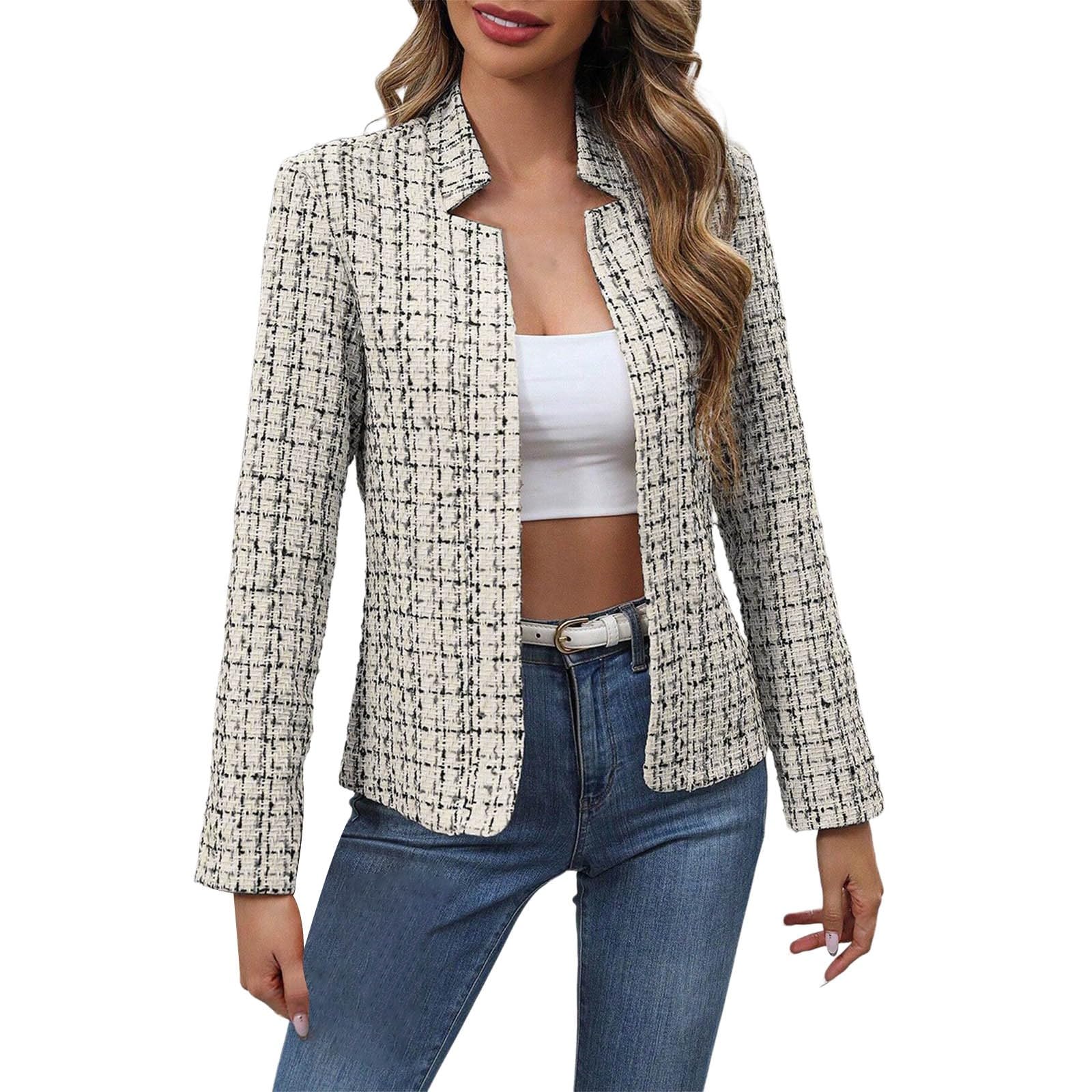 Womens Tweed Plaid Blazer Jacket Checkered Blazers Women Blazer Suit Open Front Jacket Work Office Crop Elegant Coat
