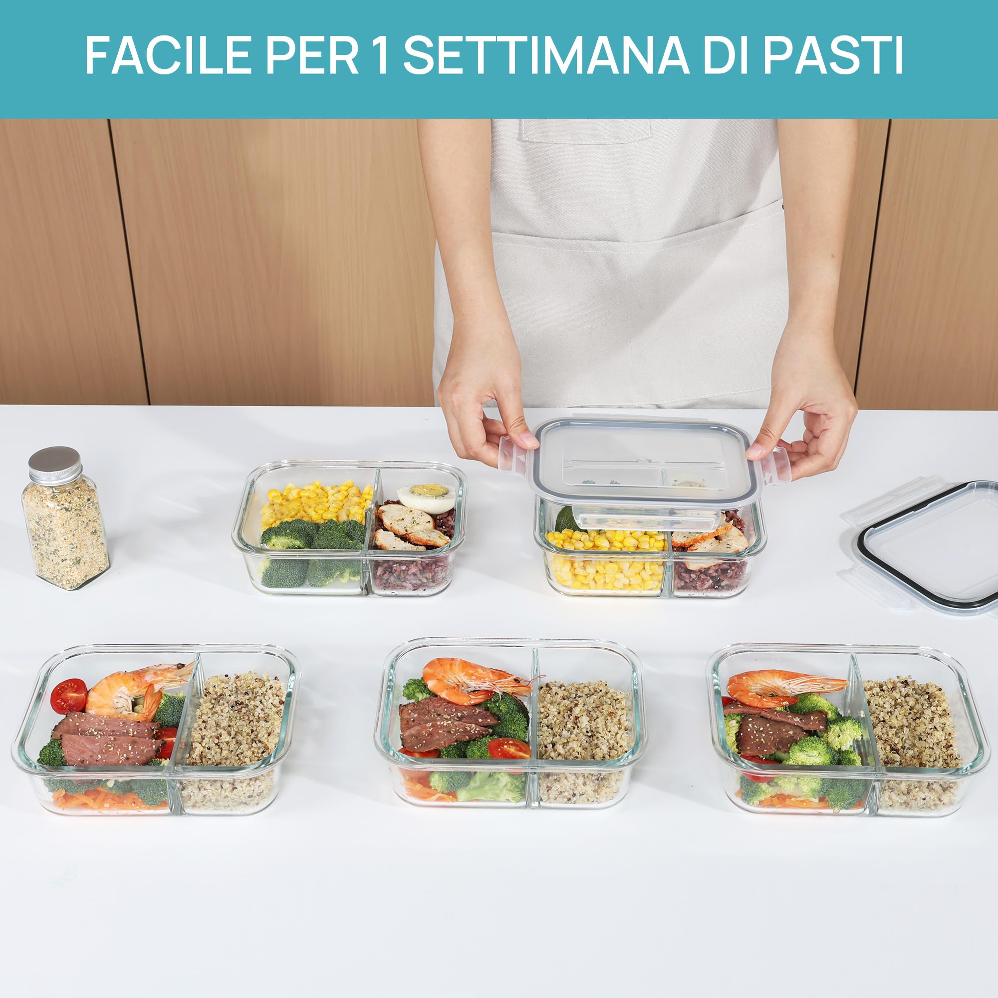 Vtopmart Set di 5 Contenitori Vetro per Alimenti Con 2 Scomparti, Porta Pranzo Vetro con Coperchio, Contenitori Ermetici per Alimenti,Adatti A Freezer, Microonde E Lavastoviglie, Senza BPA