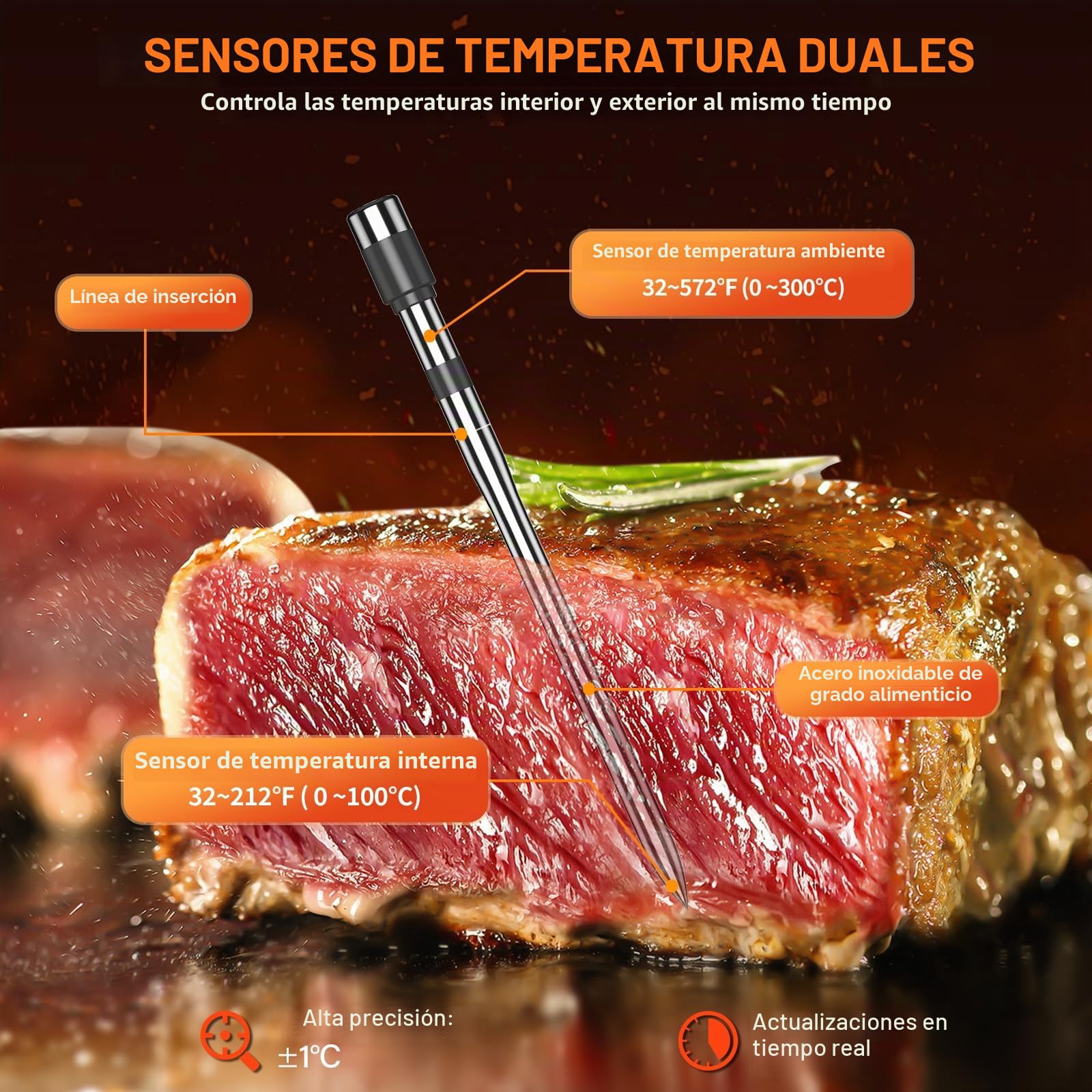 Termometro Cocina Paquete de 2, Pakinui Termometro Digital Cocina Inalámbrico con Aplicación, IP67 a Prueba de Agua Meat Thermometer, Termometro Carne para BBQ, Horno, Grill, Cocina, Asador