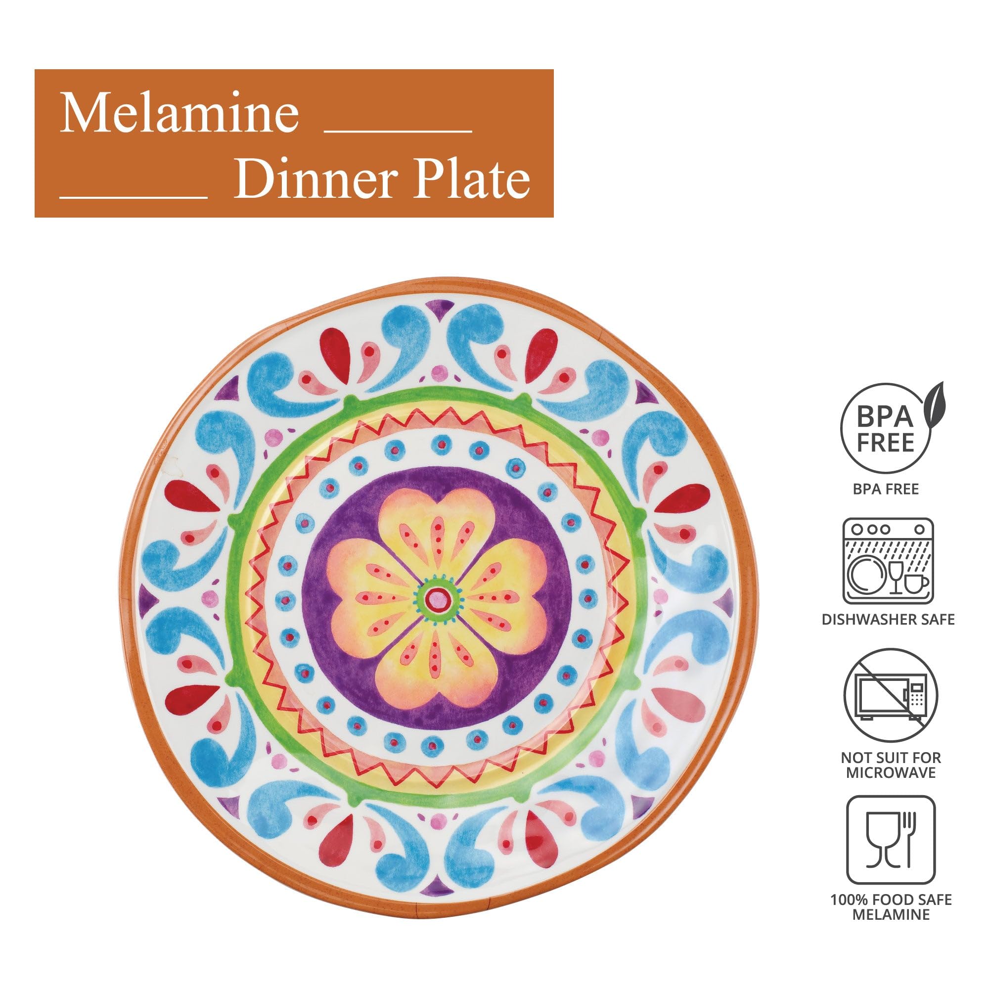 UP ware Cinco de Mayo Melamin-Speiseteller-Set, runde Teller für Hauptgerichte, Nudeln und Salat, BPA-frei, spülmaschinenfest, mehrfarbig, 27,9 cm, 6 Stück