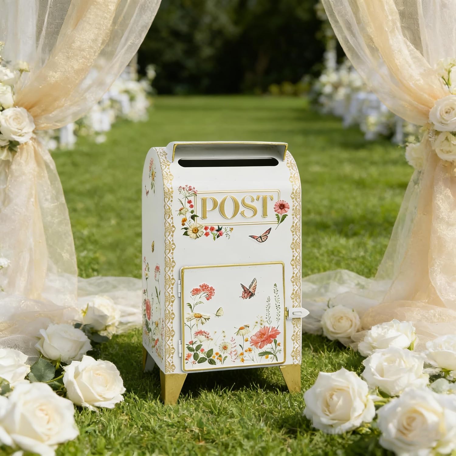 Vintage Wedding Post Box with Lockable Door Decorative White Standing Mailbox Large Metal Reception Box for Wedding Cards Birthday Baby Shower Graduation Party Gift Card Holder