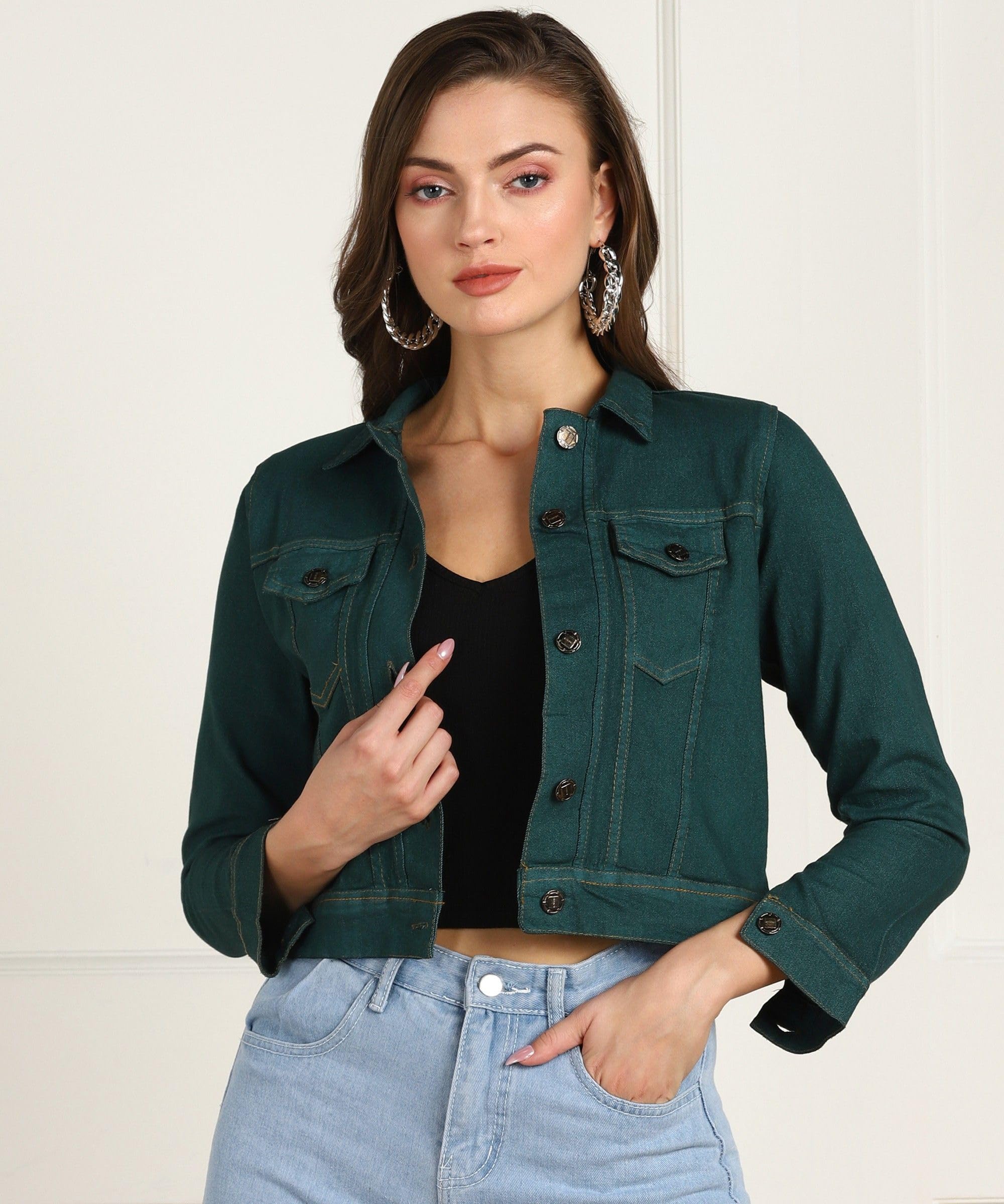 Women Green Spread Collar Crop Denim Jacket-image-29