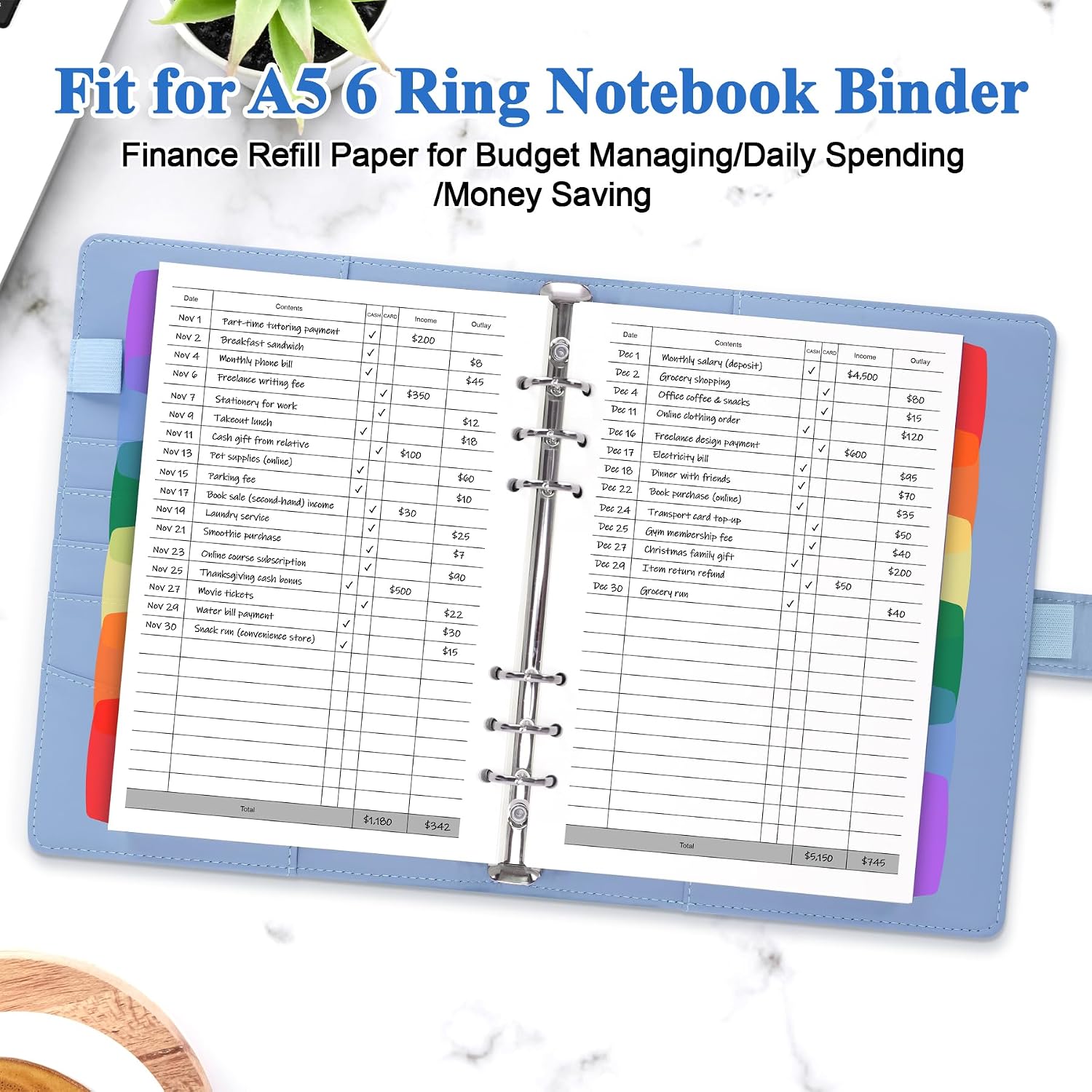 Antner A5 Finance Refill Paper Planner Refills, 135 Sheets 6-Hole Finance Records Loose Leaf Filler Paper with Binder Dividers for A5 6-Ring Budget Binder, Refillable Notebook, Accounting Book Inserts