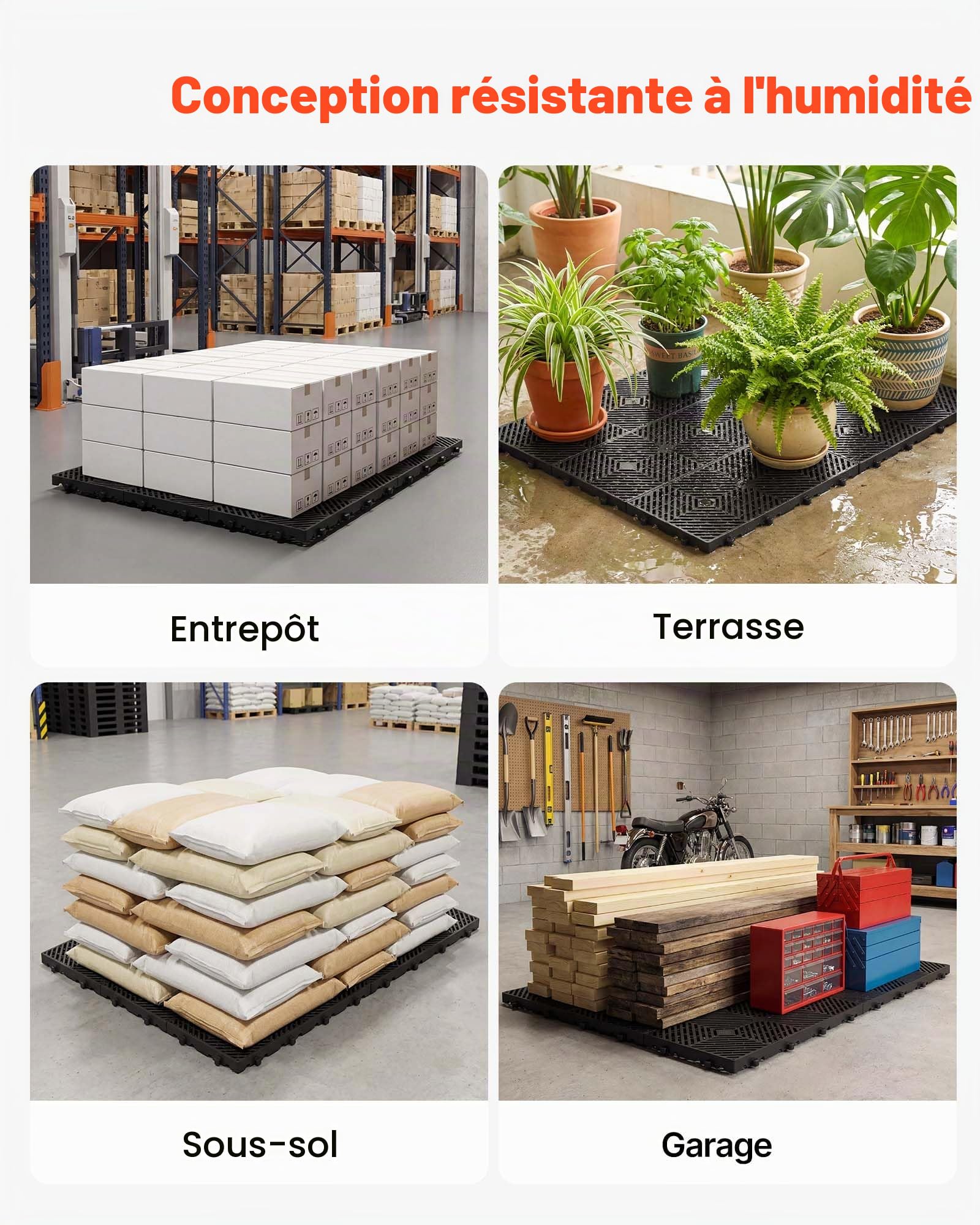 VEVOR Palettes en Plastique Emboîtables Lot de 6, Palettes de Sol Empilables avec Grille Respirante, Résistantes à l'Humidité, Charge Max. 1000 kg/m², pour Sous-Sol et Entrepôt, 600x300x30 mm, Noir