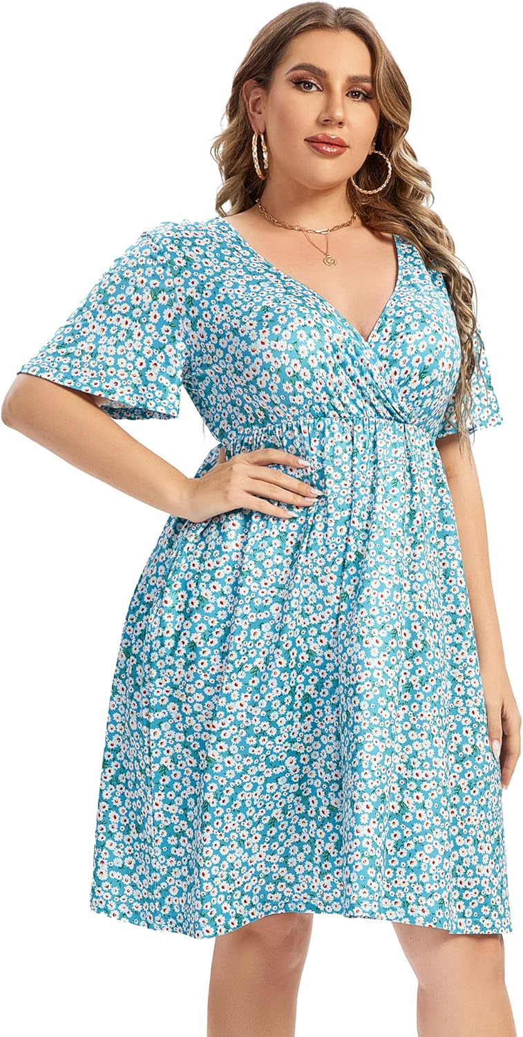 Plus Size Casual Dress Women's V Neck A-Line Knee Length Wrap Dress Swing Dresses Plus Size A Line Party Mini Dress mintf 4X-Large