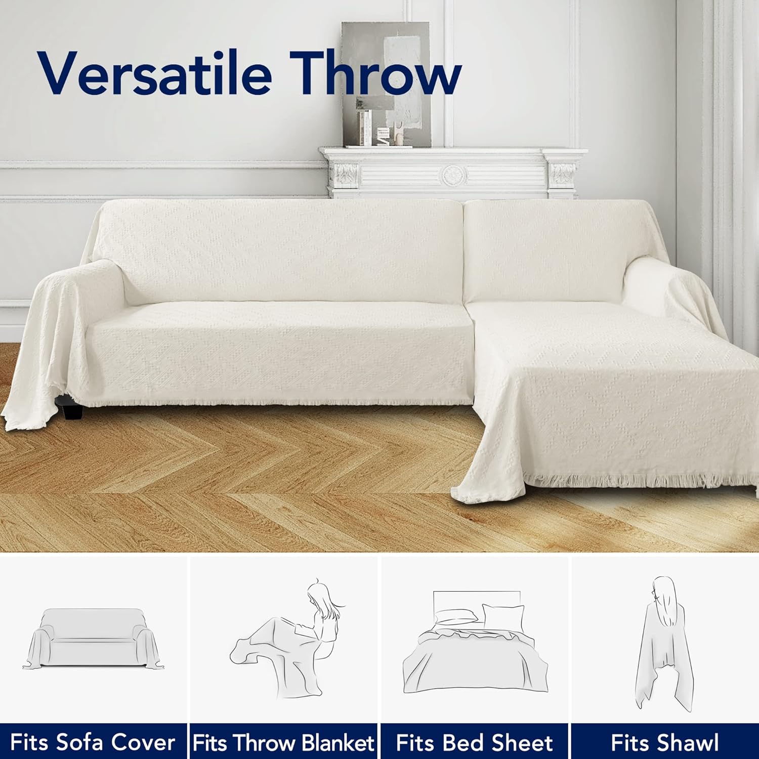 PureFit Geometric Jacquard Throw Sofa Cover - Textured Soft Washable Decorative Couch Covers for 3 Cushion Couch, Throw Cover with Tassels Furniture Protector for Pets, Kids (Medium, Ivory)