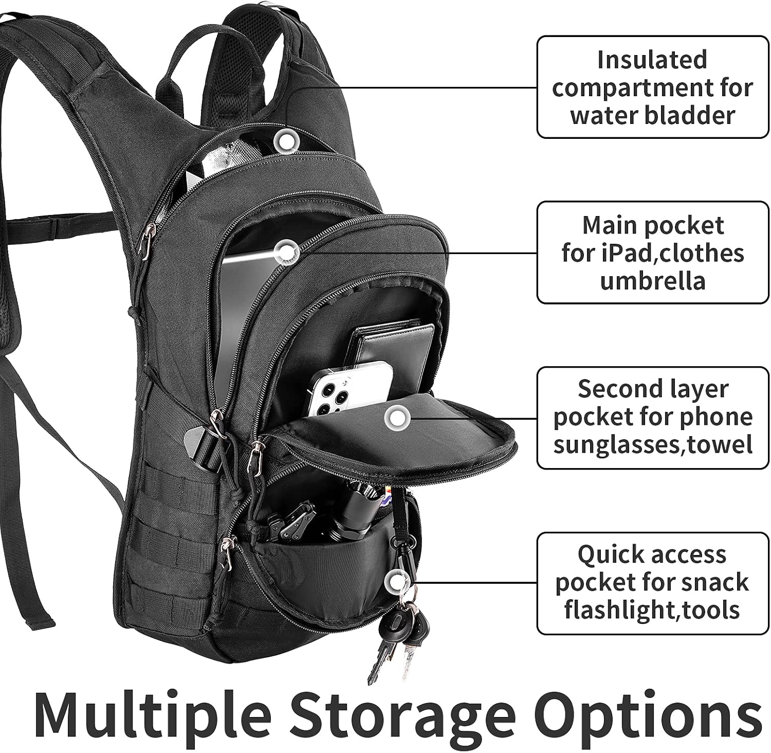 MIRACOL Tactical Hydration Backpack with 2L Water Bladder, 900D Military Molle Water Backpack Fit Men Women
