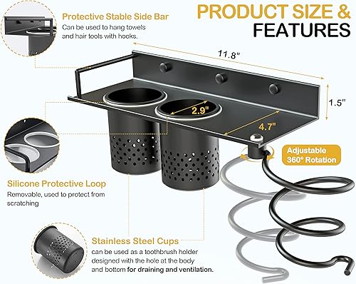 Miniatura 5 de MyLifeUNIT Soporte para secador de pelo, organizador de secadora de pelo montado en la pared con 2 tazas, estante de herramientas de peinado de baño