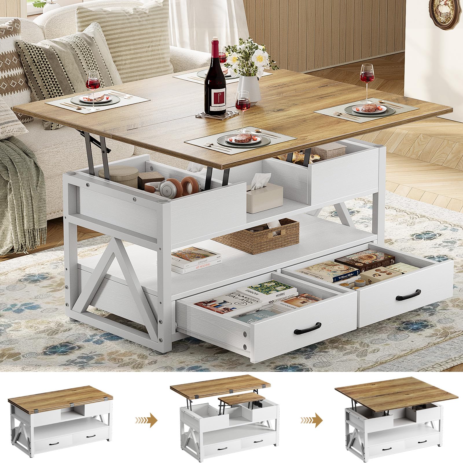 Memobarco 40" Lift Top Coffee Table,4 in 1 Multi-Function Lift Coffee Tables with Storage Drawers and Hidden Compartmen,Farmhouse Coffee Table with