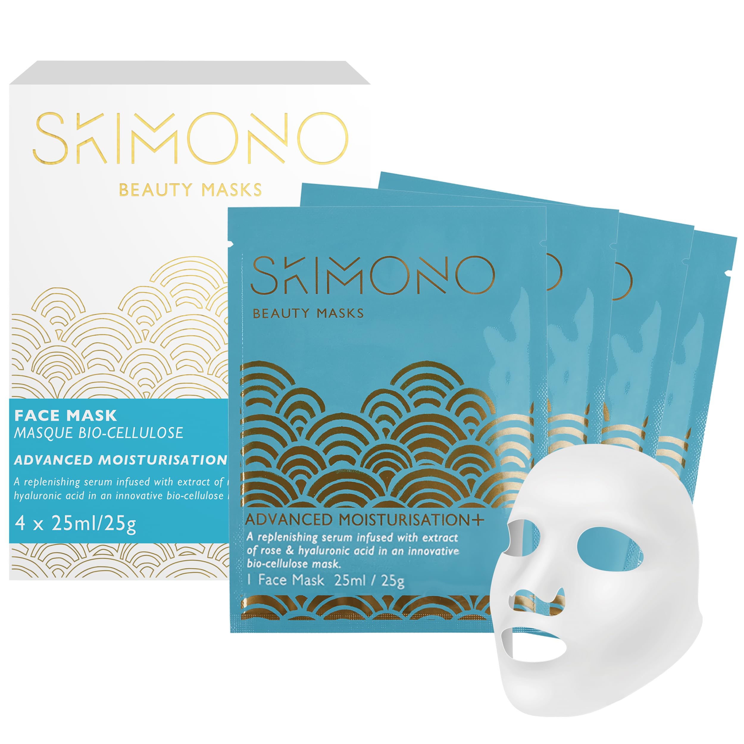 Hydration Boost Korean Face Mask (4 Pack), Bio-Cellulose Sheet Masks with Hyaluronic Acid, Rose & Honey, Luxury Hydrating Facial Masks for Glass Skin & Radiant Glow