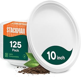 StackMan 10 Inch Compostable Paper Plates 125 Pack - PFAS-Free Heavy Duty Bagasse Biodegradable Dinner Plates BPI Certified