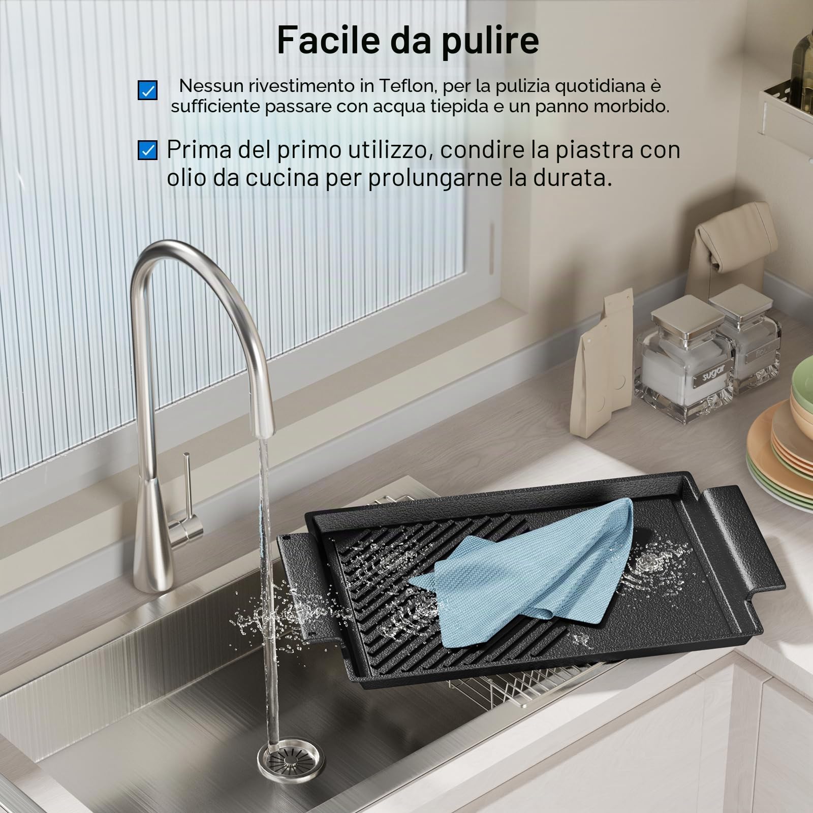 Piastra di cottura 38x21 cm con maniglie laterali e foro per appendere, plancha liscia con rivestimento in ghisa antiaderente per tutti i tipi di piani cottura, compresi induzione e forno